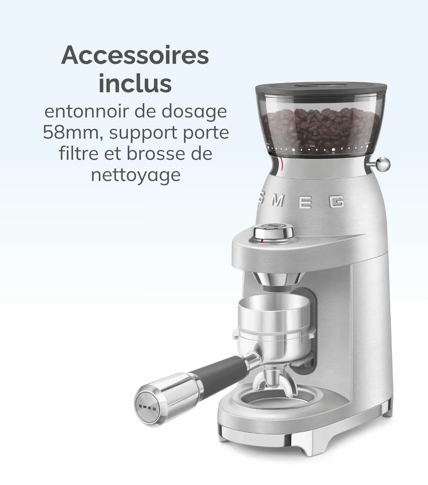 Smeg, Moulin à Café CGF02SSEU, Mouture Réglable, 50 Niveaux de Mouture, Réservoir à Grains de café 240g, Fonction Café Simple et Double, Système Antistatique, 150W, Aluminium Brossé