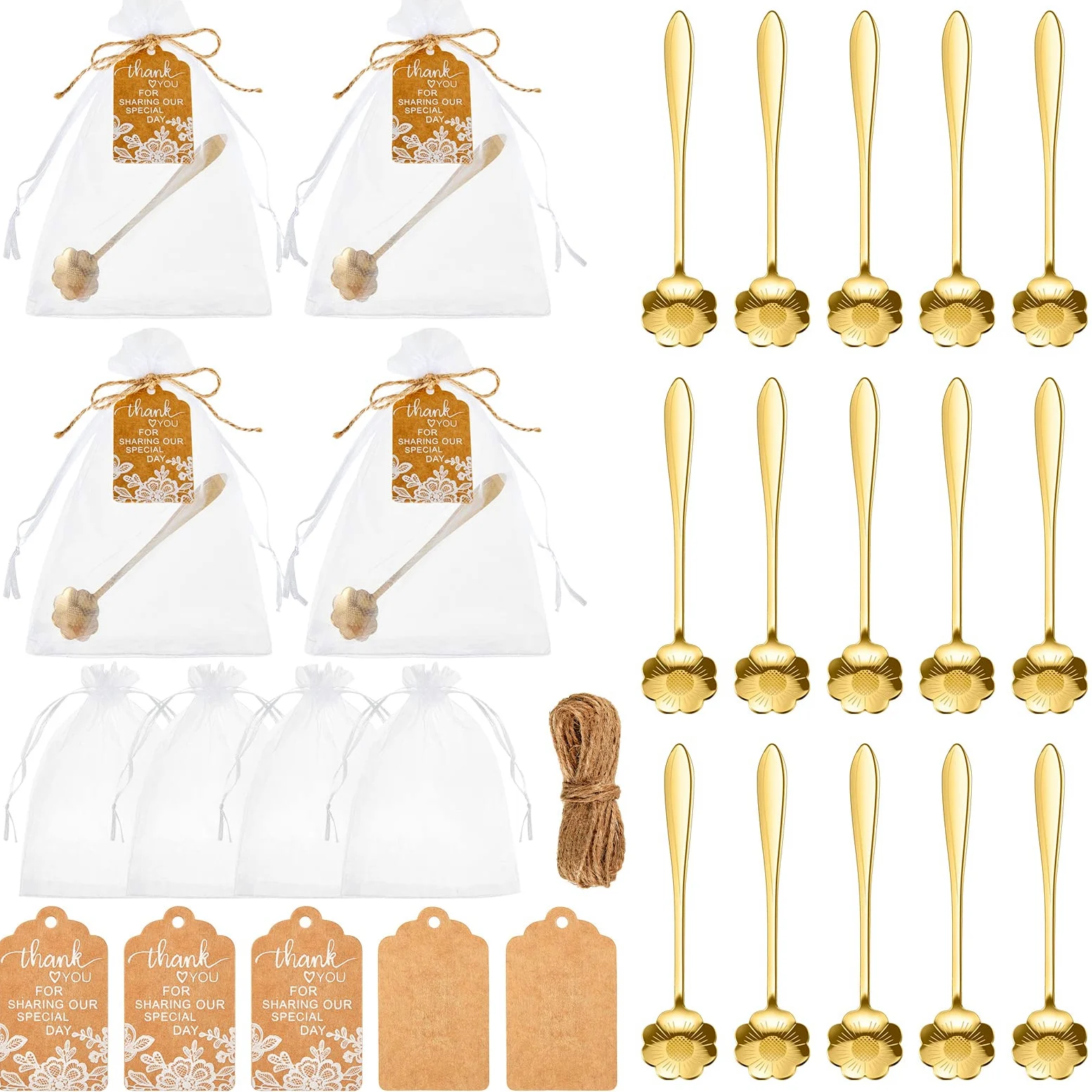 Norme Lot de 100 cuillères à café en acier inoxydable avec 100 étiquettes cadeau avec cordon de serrage, sac en organza et corde pour cadeau, thé, souvenir, fête prénuptiale