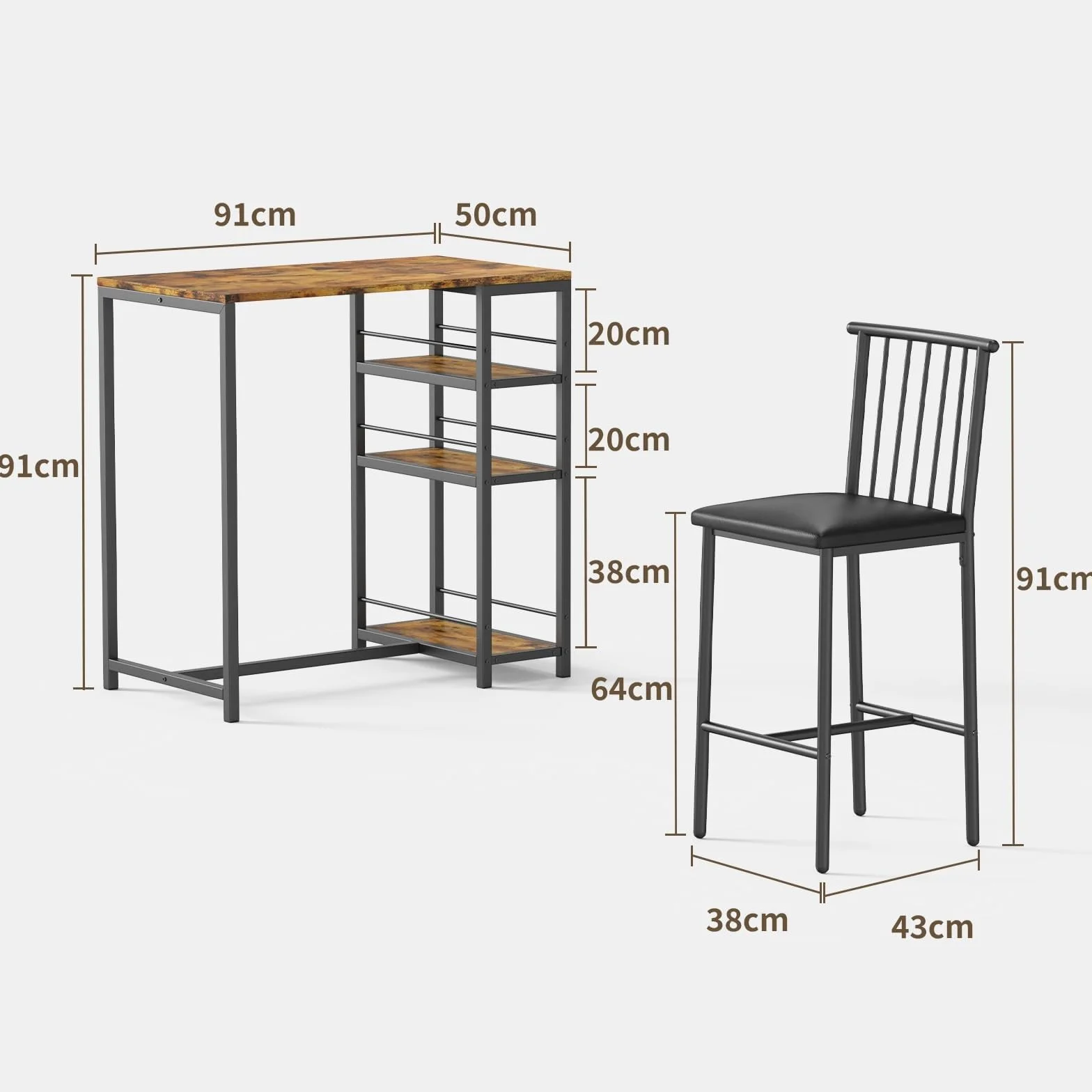Xbro Ensemble Table de Bar avec 2 Chaises Rembourrées, Table de Bistrot pour Cuisine avec 3 Étagères (Marron)