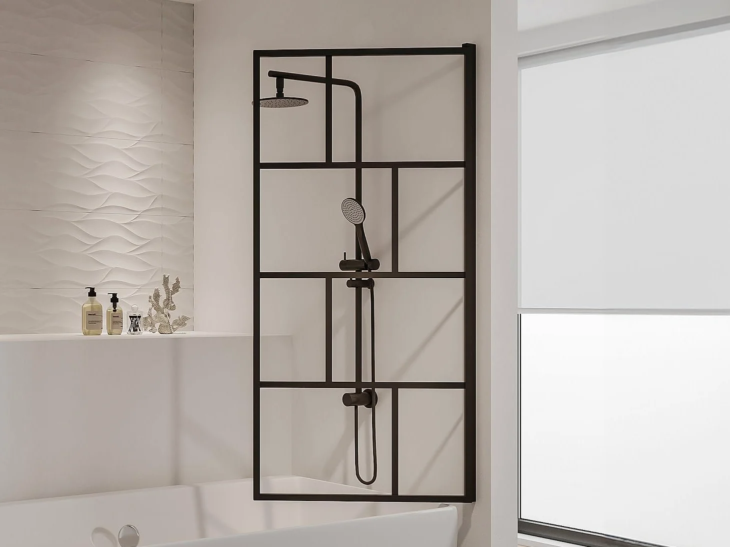 Vente-unique - Pare baignoire pivotant style industriel - 70 x 140 cm - Noir mat - Verre - RIVANON