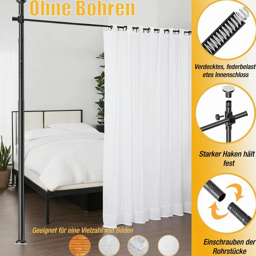 Tringle à Rideau pour Cadre de séparation de pièce 177 x 305 cm, écran réglable en flexibilité, cloison de séparation de pièce, Aucun perçage requis, pour Chambre ou Bureau (Noir)