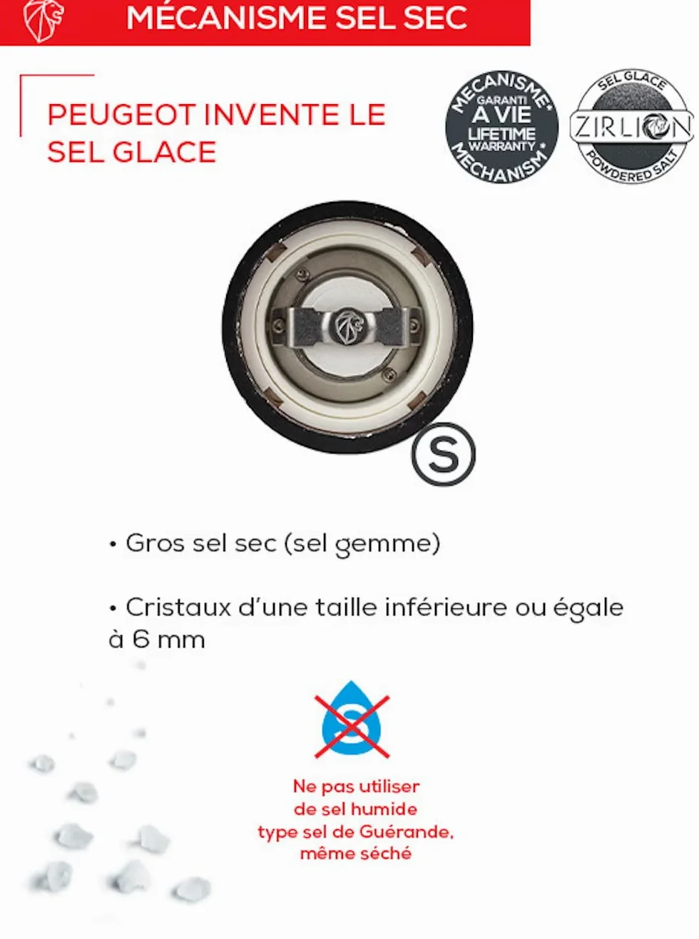 PEUGEOT - Moulin à Sel Daman u'Select 21 cm - 6 Réglages de Moutures Prédéfinies - Innovation Sel Glace, Mécanisme Zirlion - En Inox et Acryl - Fabrication Française, Salt Mill