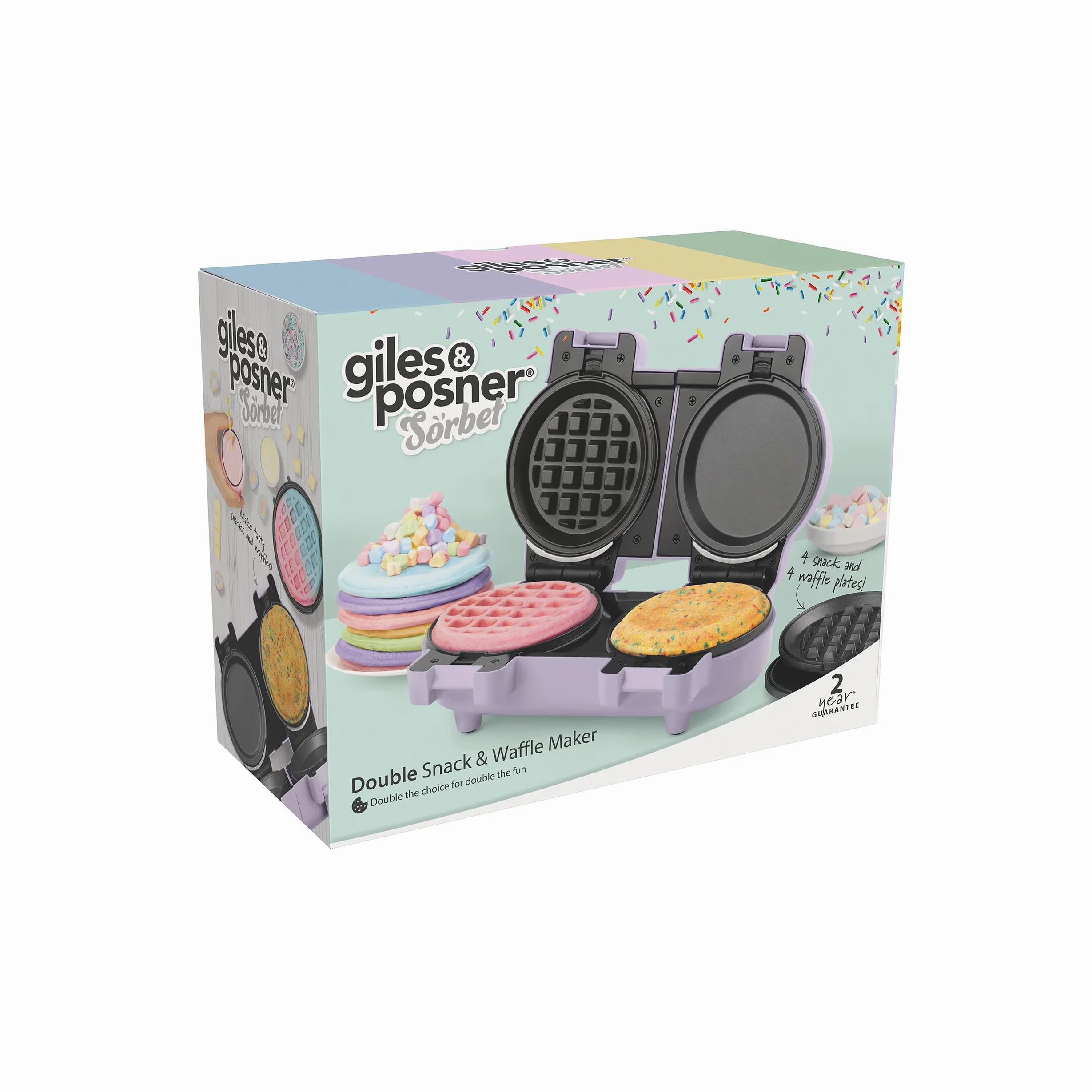 Giles & Posner Appareil de fabrication de snacks– plaques de cuisson amovibles antiadhésives, compact, inclut 4 plates pour omelettes et gâteaux, 4 à gaufres, violet pastel.