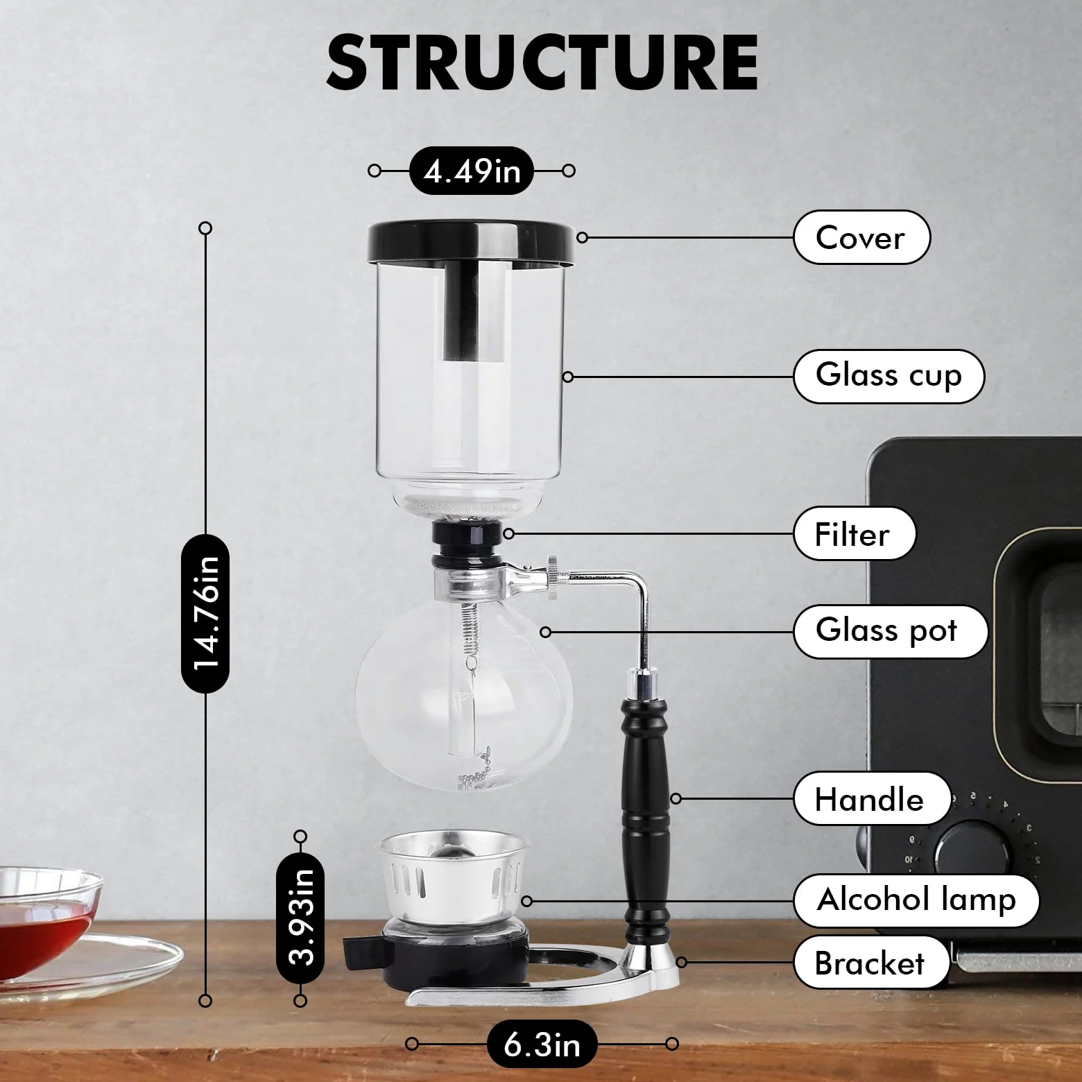 LIROPAU Machine à café siphon, cafetière sous vide, siphon à café japonais, 5 tasses, 600 ml, résistant à la chaleur, avec base de filtre anti-goutte, outils d'extraction pour café infusé à la main