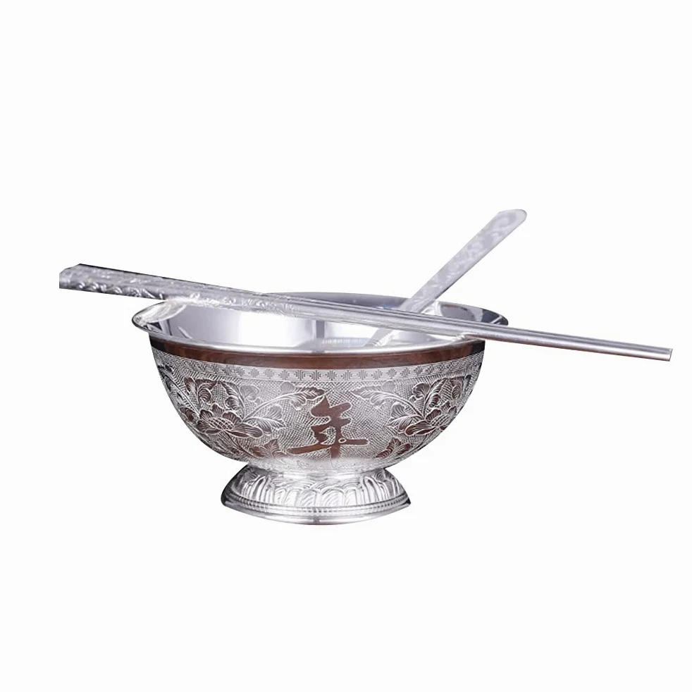 Bol à Grains en Argent Sterling, Bol à Dessert de Fruits de Salade, Bol à Riz de Nouilles, Bol à Soupe, Bol en Argent épais, Ensemble de Trois pièces,Option 2