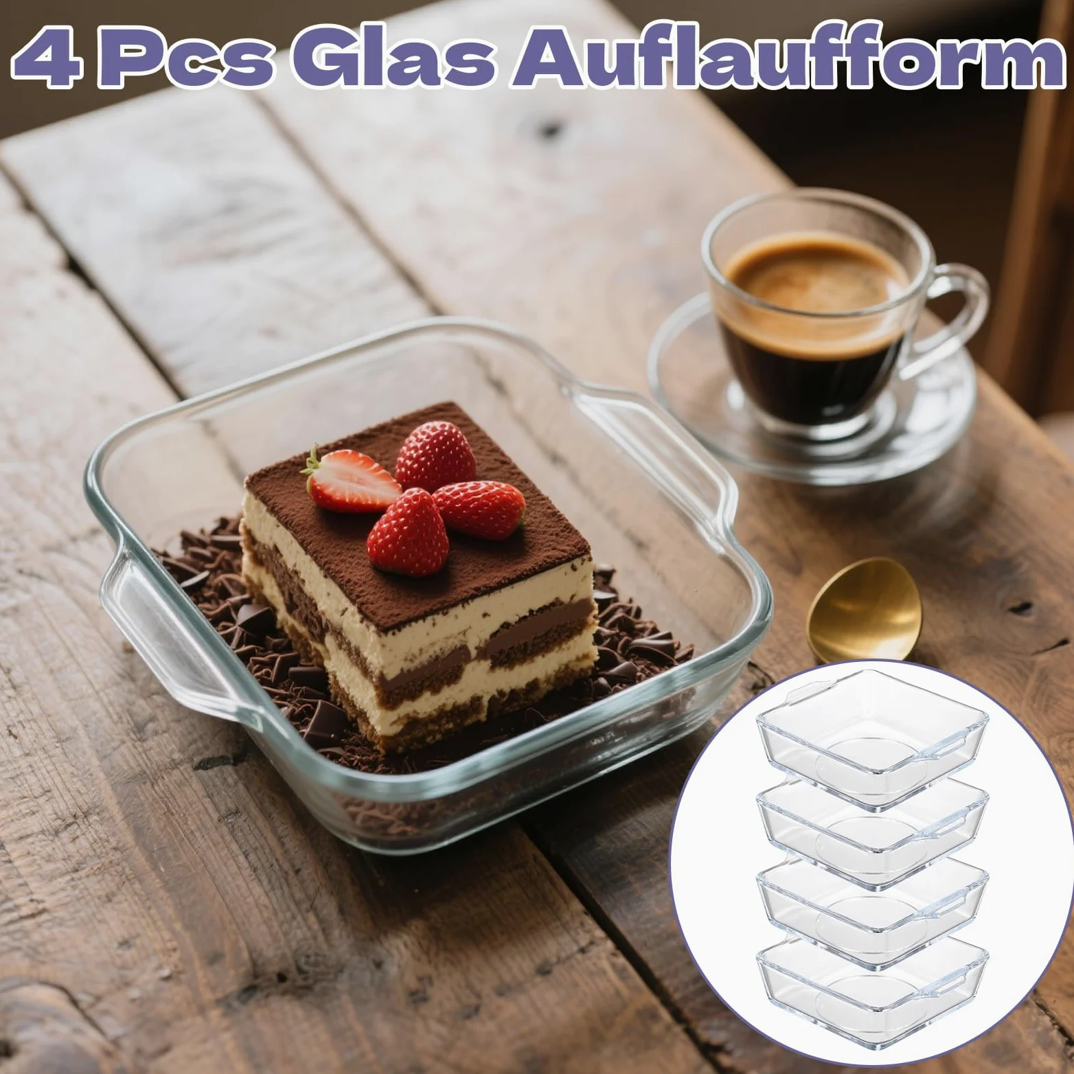 Lot de 4 mini plats à gratin en verre transparent avec poignée 0,5 l - Petit moule à cake en verre empilable - Moules carrés empilables pour four, micro-ondes, lasagnes, tiramisu