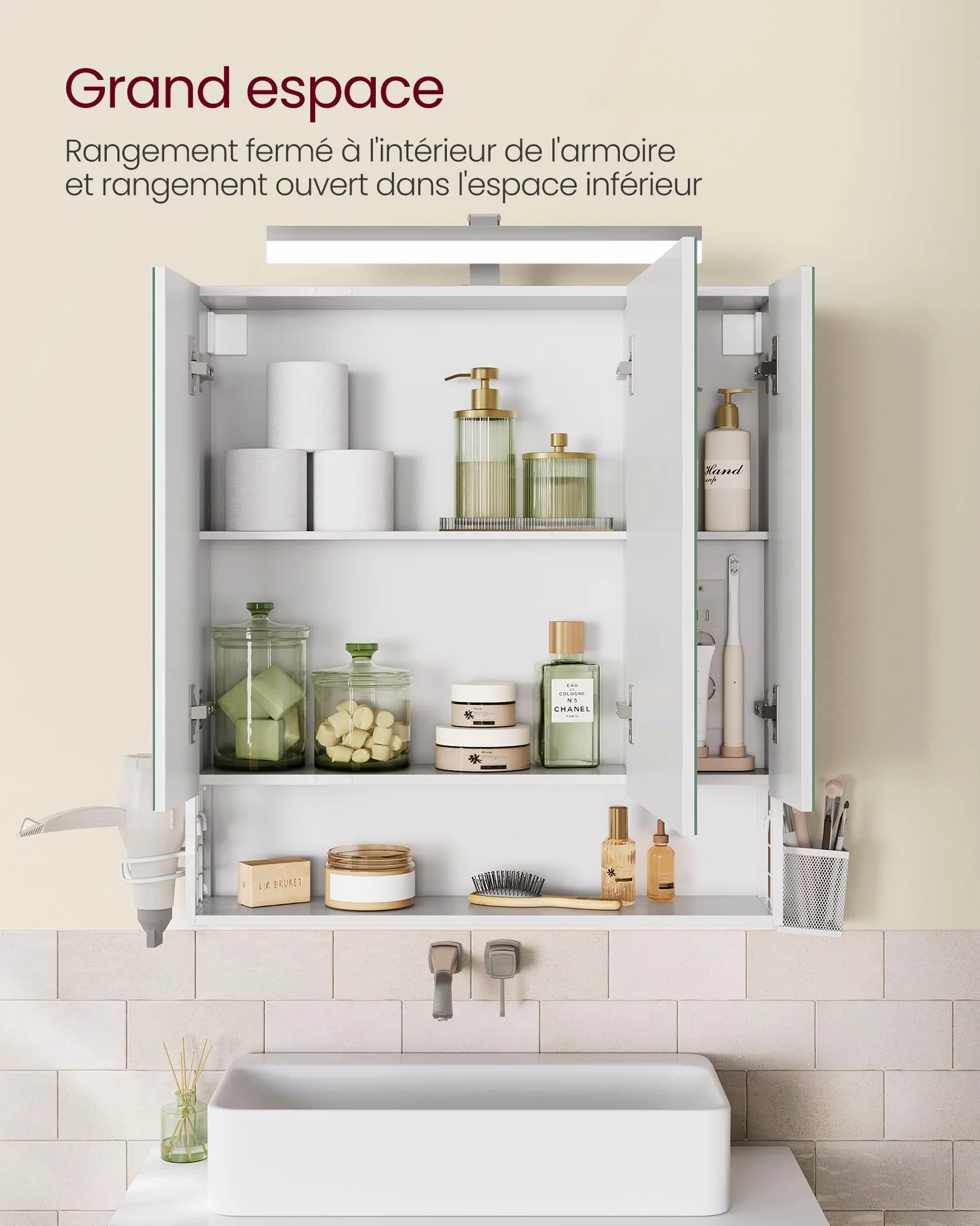 VASAGLE Meuble de Salle de Bain avec Éclairage LED, 16,5 x 70 x 75 cm, Multiprise, Panier Suspendu, Support pour Sèche-Cheveux, pour Salle de Bain, Lavabo, Blanc Nuage BBK126W01