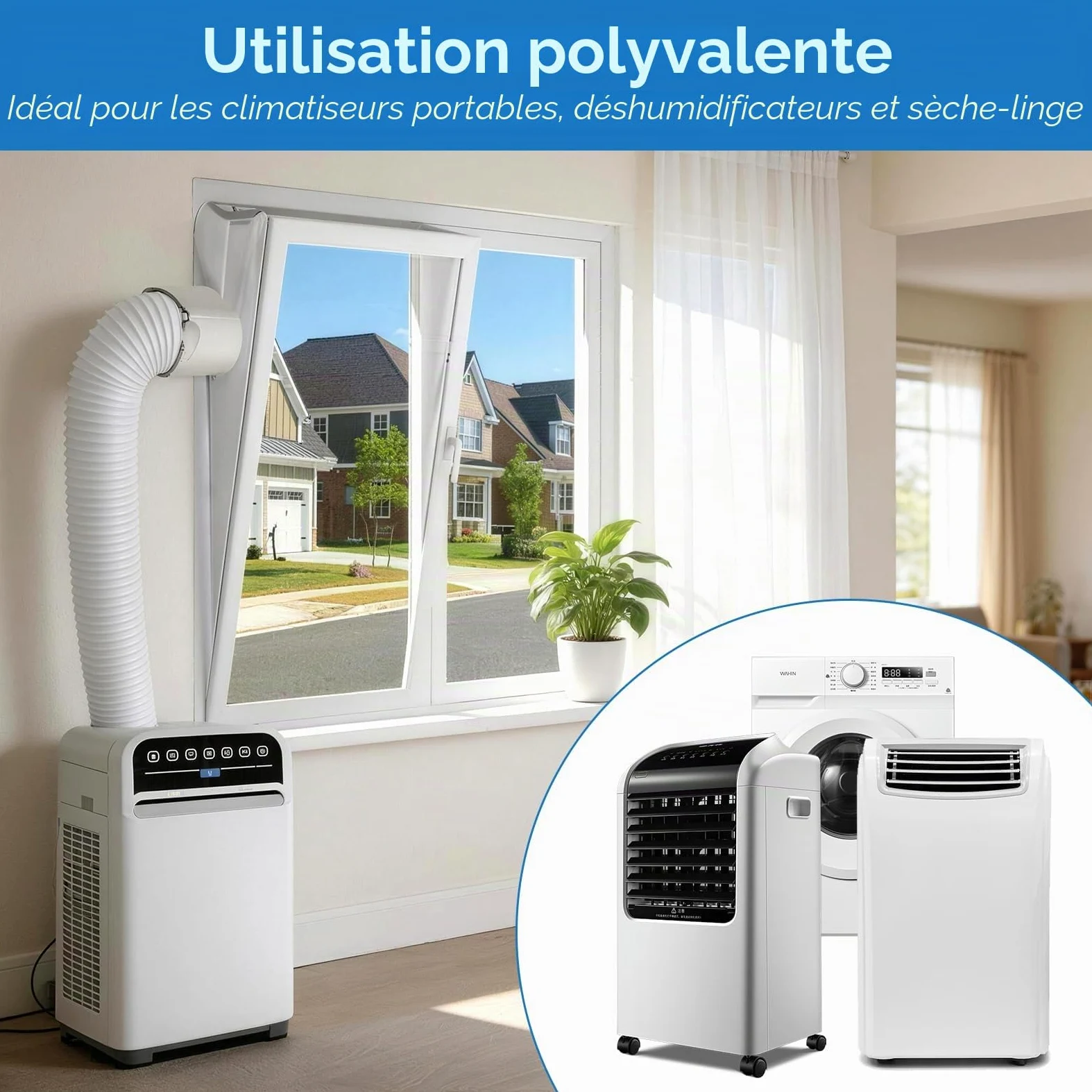 Kit Étanchéité pour Fenêtre 5M Qoosea, Climatiseur Mobile avec Bande Auto-Agrippante et Attaches, Sans Perçage pour Climatiseur Portable, Sortie Sèche-Linge, Fenêtres à Battant, Réutilisable