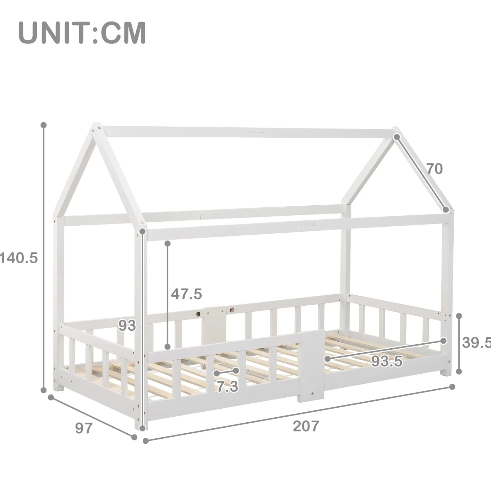 KOMHTOM Simple Lit de Maison avec Protection Anti-Chute, Lit de Jeune avec Sommier à Lattes en Bois, Cadre de lit, Minimaliste(sans Matelas) (Blanc-A, 90 x 200CM)