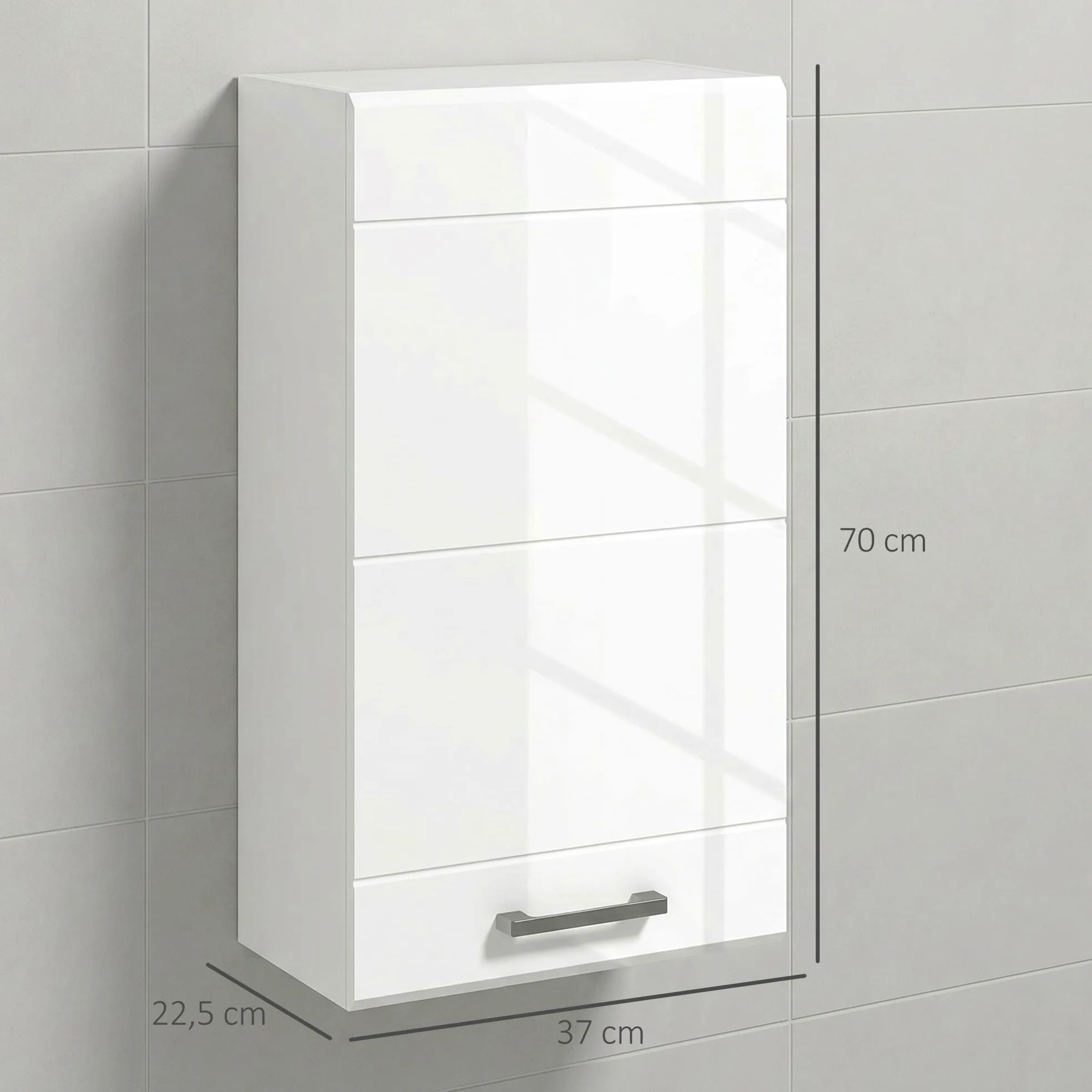 kleankin Armoire Murale de Salle de Bain, Placard de Rangement Toilette 3 Niveaux, étagère réglable, 1 Porte, Moderne, Armoire Suspendue, 37 x 22,5 x 70 cm, Blanc Haut Brillant
