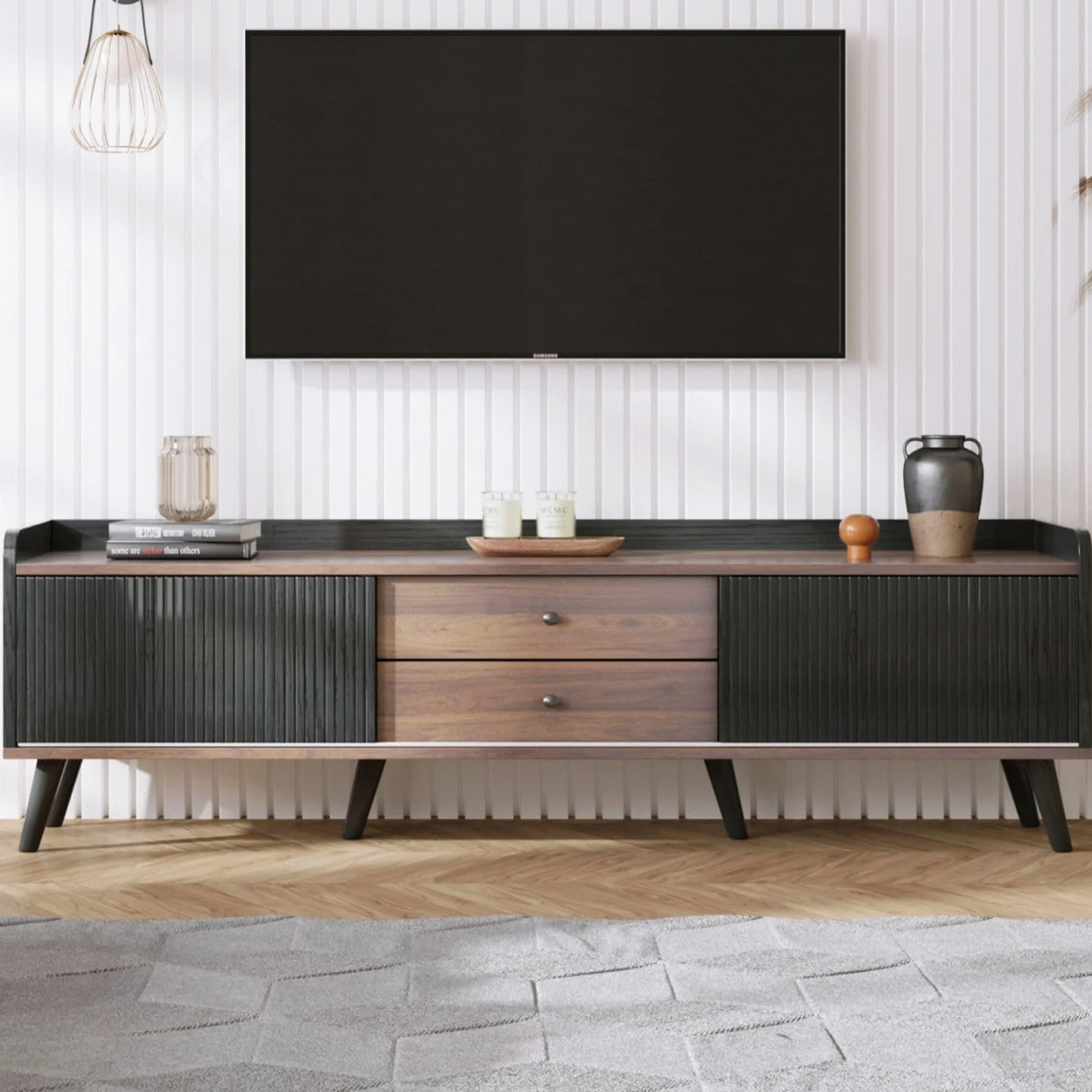 KOMHTOM Armoire TV en bloc de couleur noir/blanc et bois, buffet avec 2 tiroirs et 2 compartiments de rangement spacieux, armoire polyvalente pour salon, chambre à coucher et salle à manger (noir)