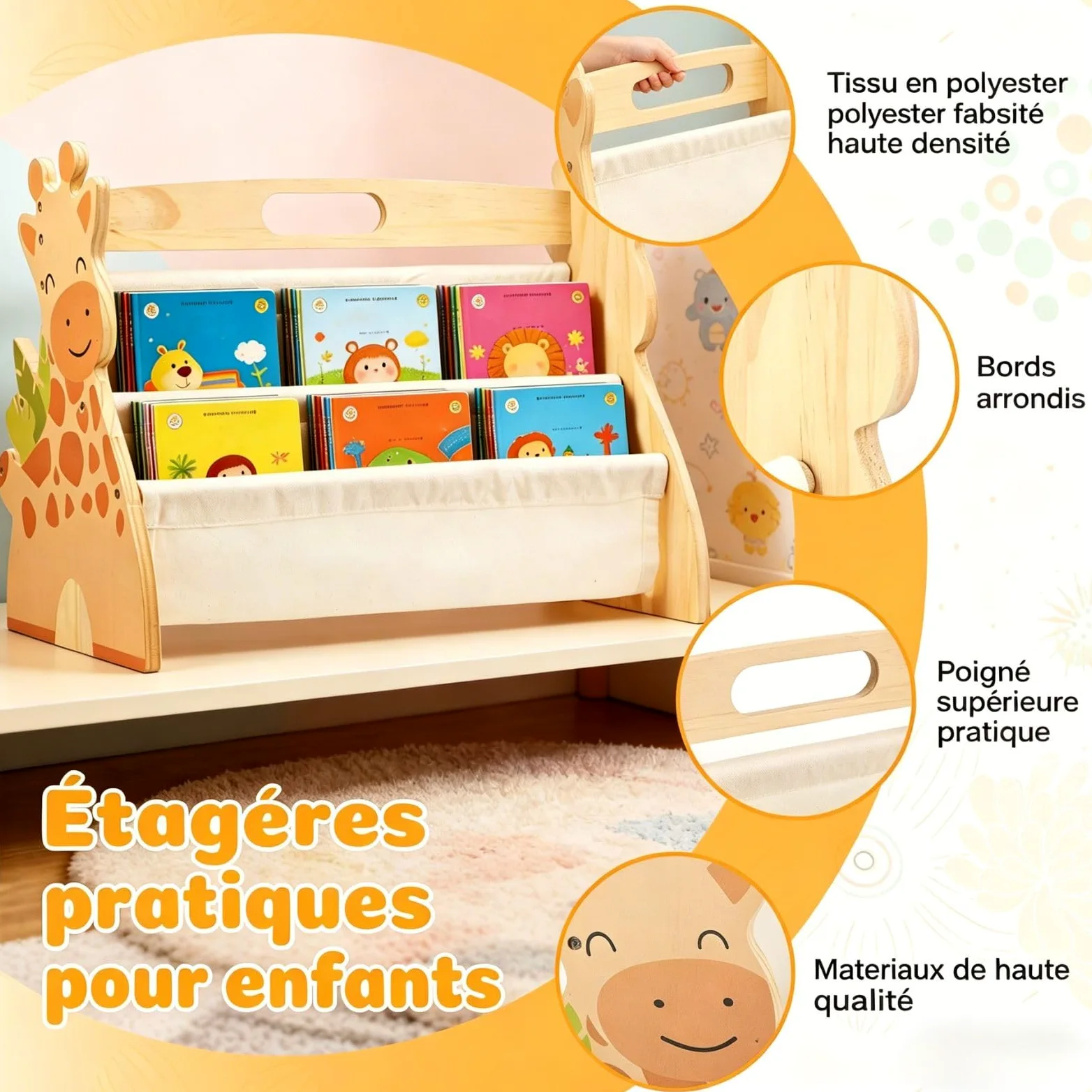 Bibliothèque Montessori Bois pour Enfant 43x34x28,3cm Bibliothèque Enfant Double Face Quatre Couches avec Poignée Rangement Livre Enfant 3-8 Ans Aménagement Open Bords Arrondis pour Chambres écoles