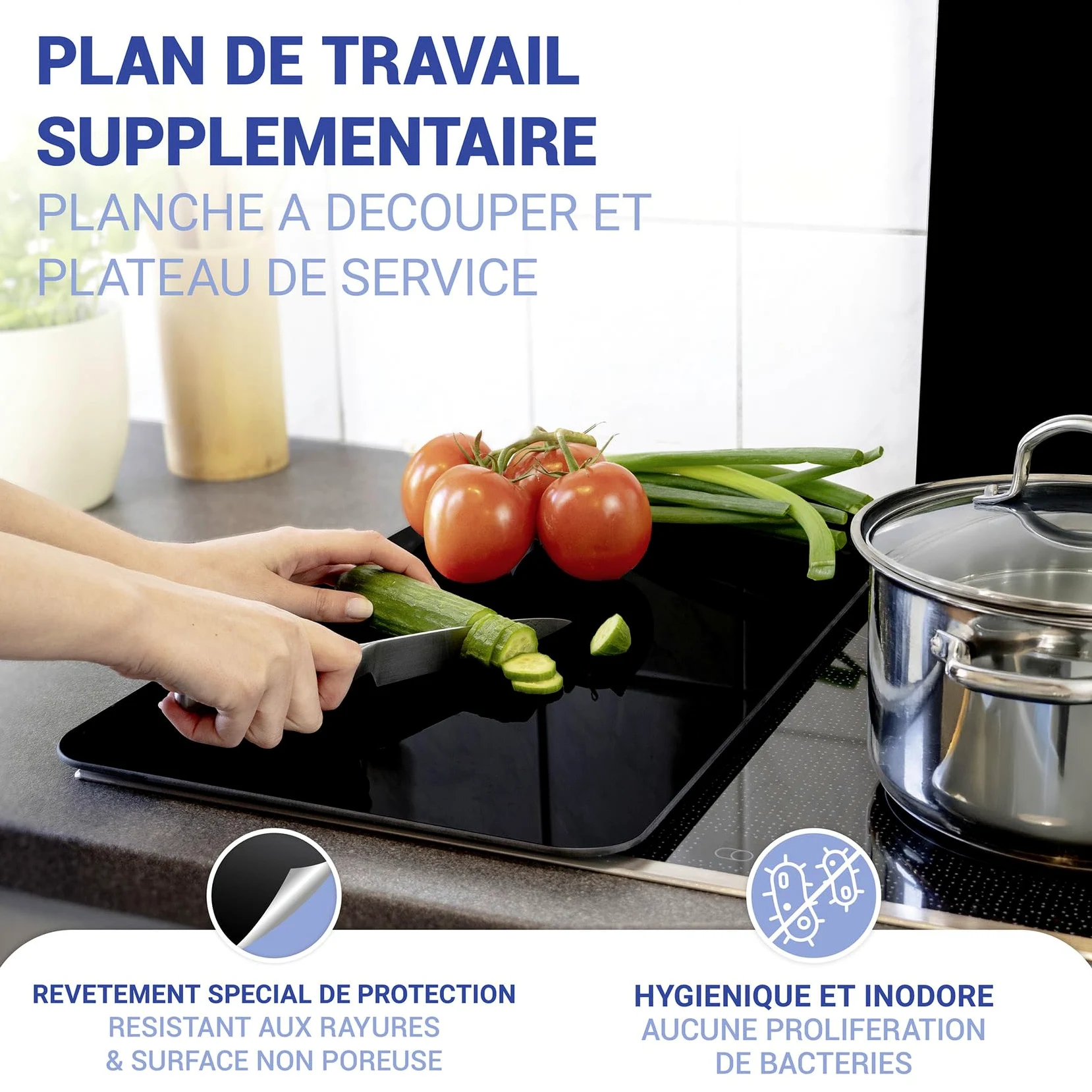 WENKO Plaque de Recouvrement Universelle Mod. Noir, réglable en Hauteur pour Tout Type de cuisinière, Planche à découper et Protection Anti-éclaboussures, Verre, 30 x 52 cm, 2 pièces