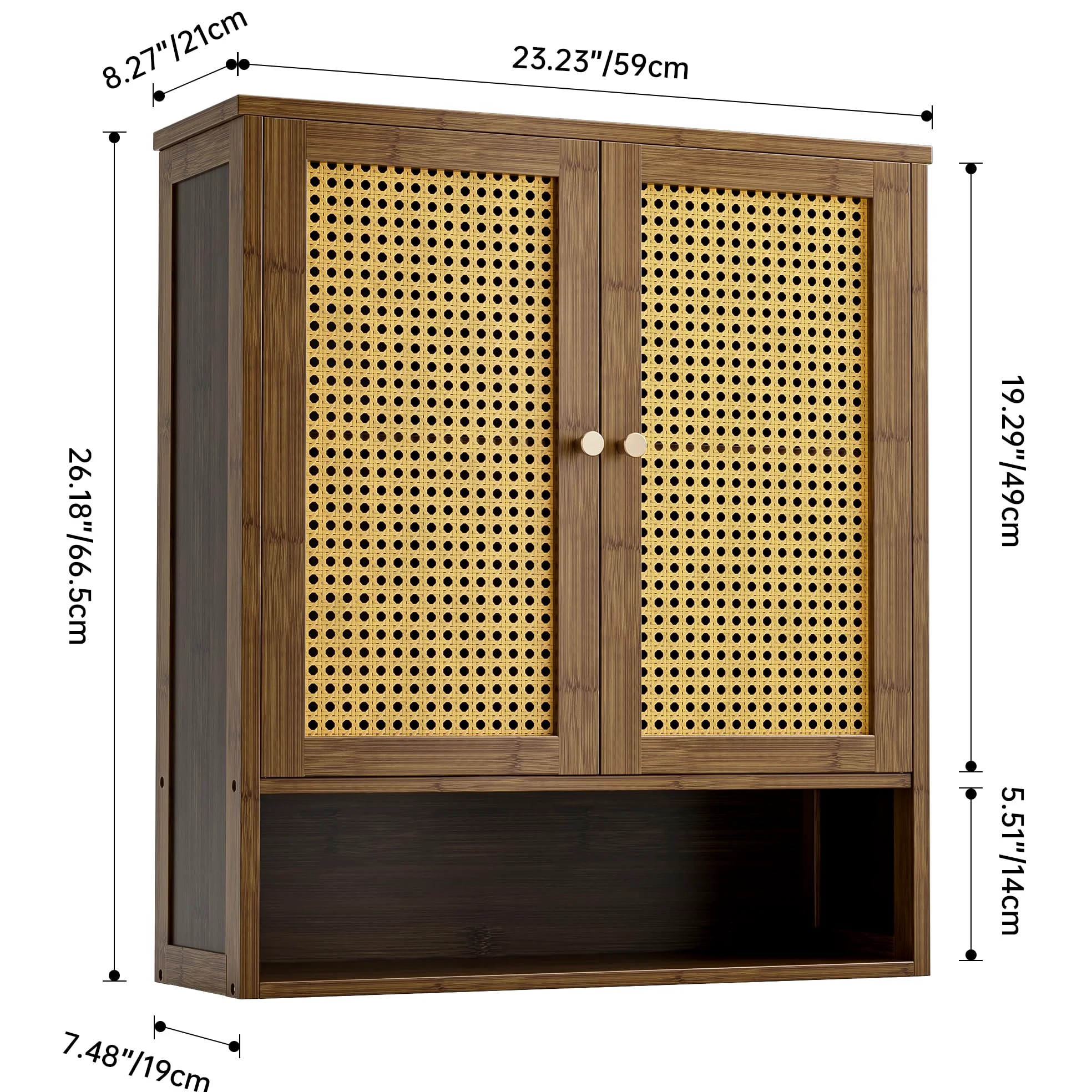 Armoire Murale de Salle de Bain en Bambou avec 2 Portes en rotin et étagère réglable, Armoire à Pharmacie économiseur d'espace pour Linge, Cuisine, Salon (Noyer)