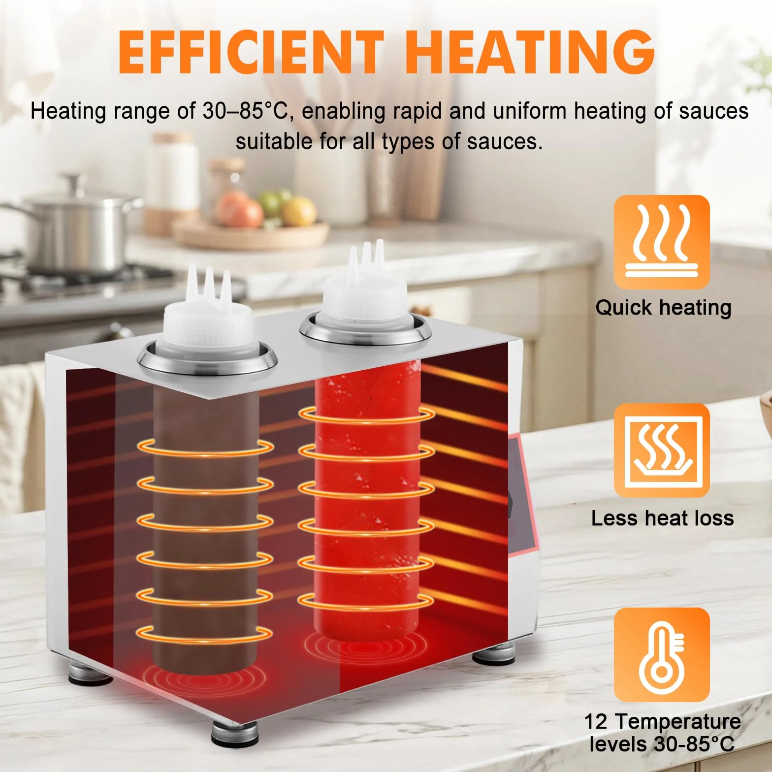 YUCHENGTECH Chauffe-Sauce Électrique, Température Réglable 86-185 ℉,320W | Distributeur Chauffant pour Sauces en Acier Inoxydable avec 2 Bouteillespour Chocolat, Fromage, Ketchup et le Fudge