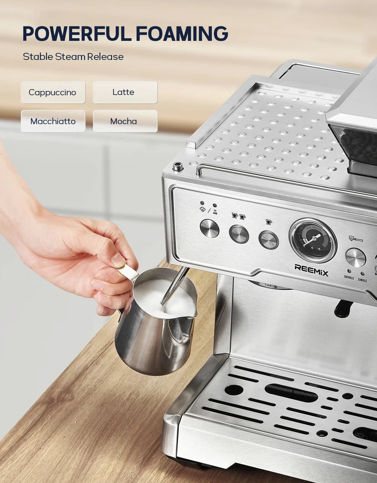 Reemix Machine à Expresso avec Porte-Filtre, Machine à Café 20 Bars avec Moulin Intégré et Mousseur à Lait, 1350 W, Réservoir de 2,8 l, Acier Inoxydable/Argenté, Kit Barista (54 mm Porte-Filtre)