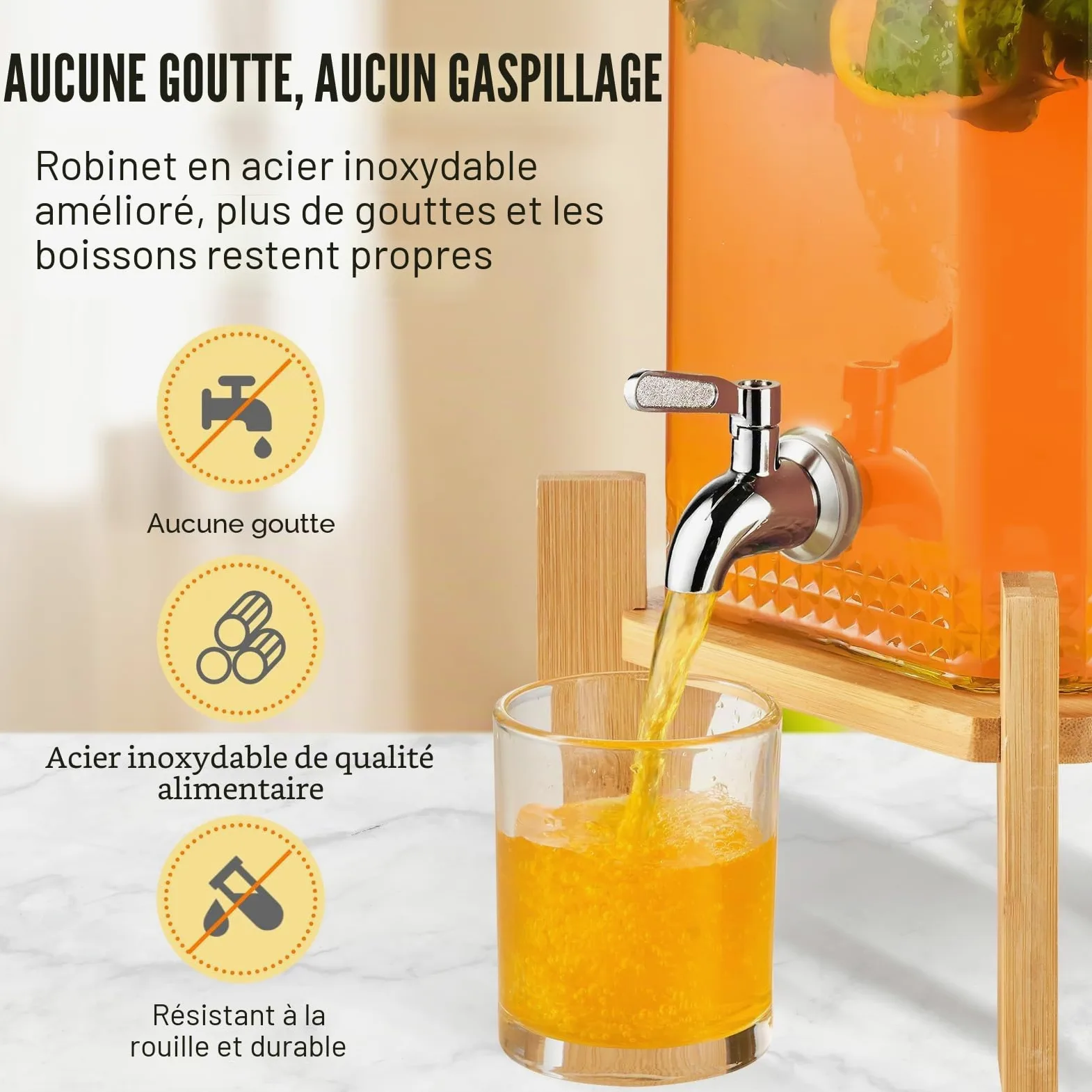 VEVOR Distributeur de Boissons de 5,5 L, Fontaine à Eau en Verre Alimentaire avec Support, Robinet en Acier Inoxydable, Distribution de Jus Limonade Thé Glacé, pour Restaurants, Hôtels, Cafés, Soirées