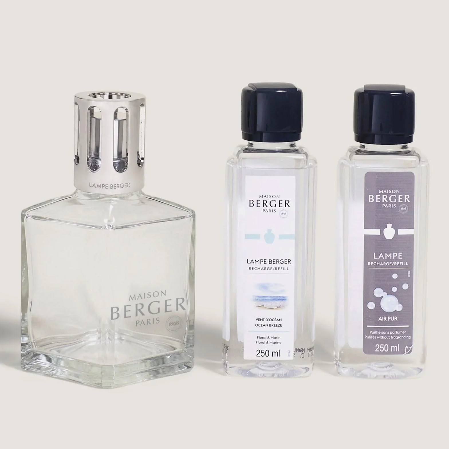 Maison Berger – Coffret Lampe Berger Essentielle Carrée avec 2 Recharges 250 ml Incluses – Air Pur & Vent d’Océan – Lampe à Catalyse - Purifier et Parfumer l’Air – Diffusion Fine et Homogène