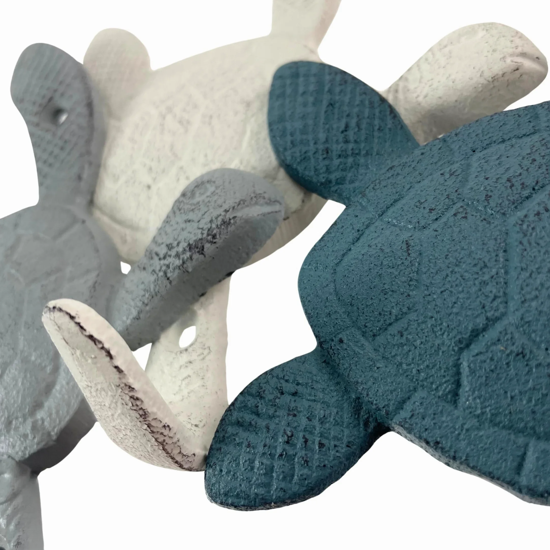 Zeckos Ensemble de crochets muraux décoratifs en fonte - Motif tortue de mer - Bleu côtier - Finition grise et blanche - Idéal pour clés, serviettes, manteaux légers, intérieur/extérieur