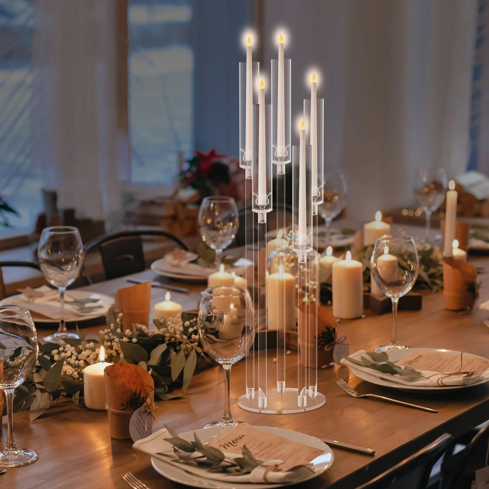 Lot de 4 Centres de Table Candélabres à 5 Bras | Abat-Jour en Acrylique, Pour Bougies LED, Pour Mariages et Dîners, Événements Spéciaux