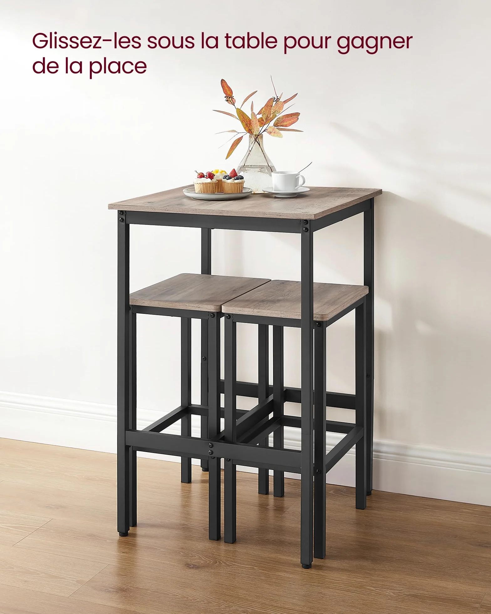 VASAGLE Ensemble Table de Bar avec Tabourets, Table à Manger avec 2 Chaises, Petite Table de Cuisine, Chaises de Bar, pour Salle à Manger, Cuisine, Grège Chiné et Noir d'encre LBT017B02