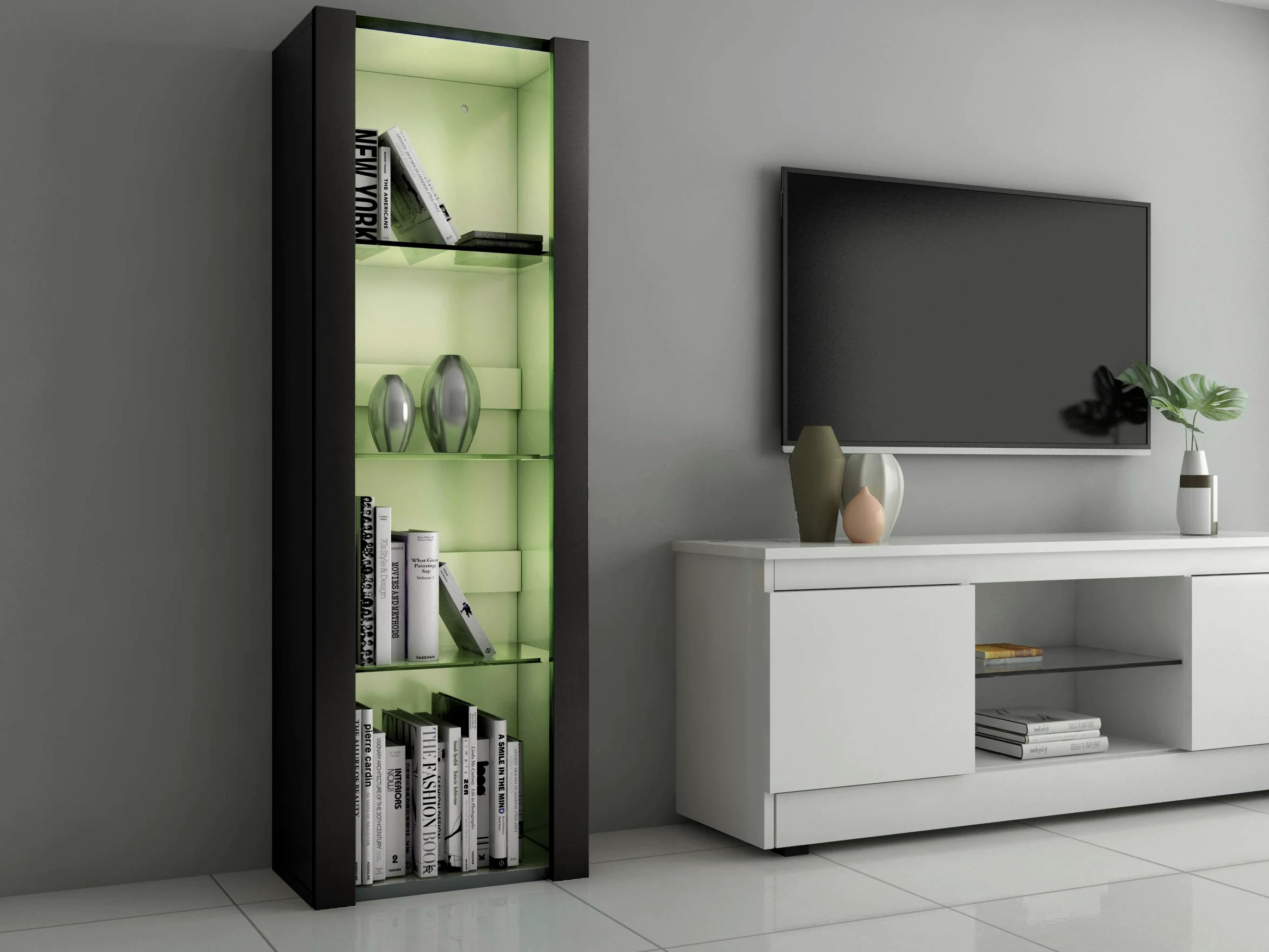 Panana Vitrine Lumières LED Meuble de Rangement avec Etagères sur Salon, Bureau, 55 x 35 x 166 cm (Noir)