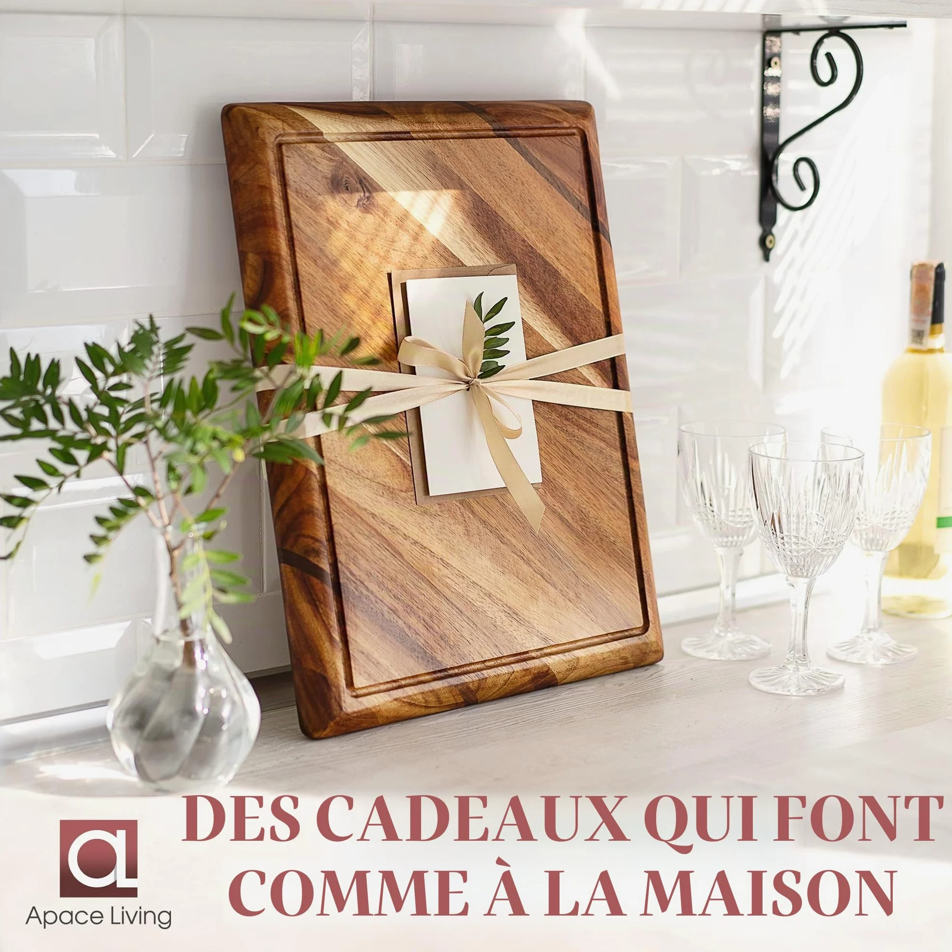 Planche à Découper Bois Contour - Grande Planche a Decouper en Acacia en Bois Durable, avec rainure pour les liquides - Peut être utilisée comme planche de service, 4 compartiments - 43 x 33 x 3,8