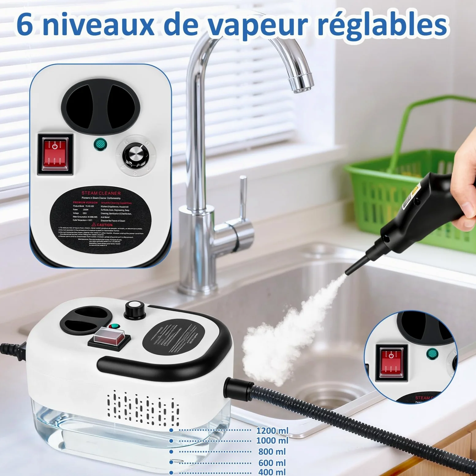 Nettoyeur Vapeur Portable 2500W - 3.5 Bar Pression - 6 Niveaux Réglables - 15s Chauffage Rapide - Réservoir 1200ml - Idéal Voiture, Climatisation, Salle de Bain & Cuisine