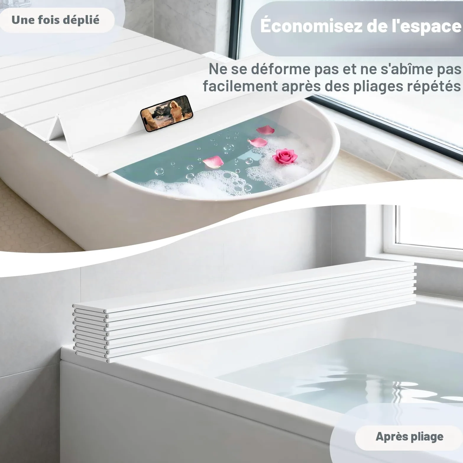 Couverture De Baignoire, Étanche Ponts D'isolation de Baignoire Anti-poussière Pliante Protège-poussière Support De Rangement, Blanc (Taille : 75cm x 170cm x 0.7cm)
