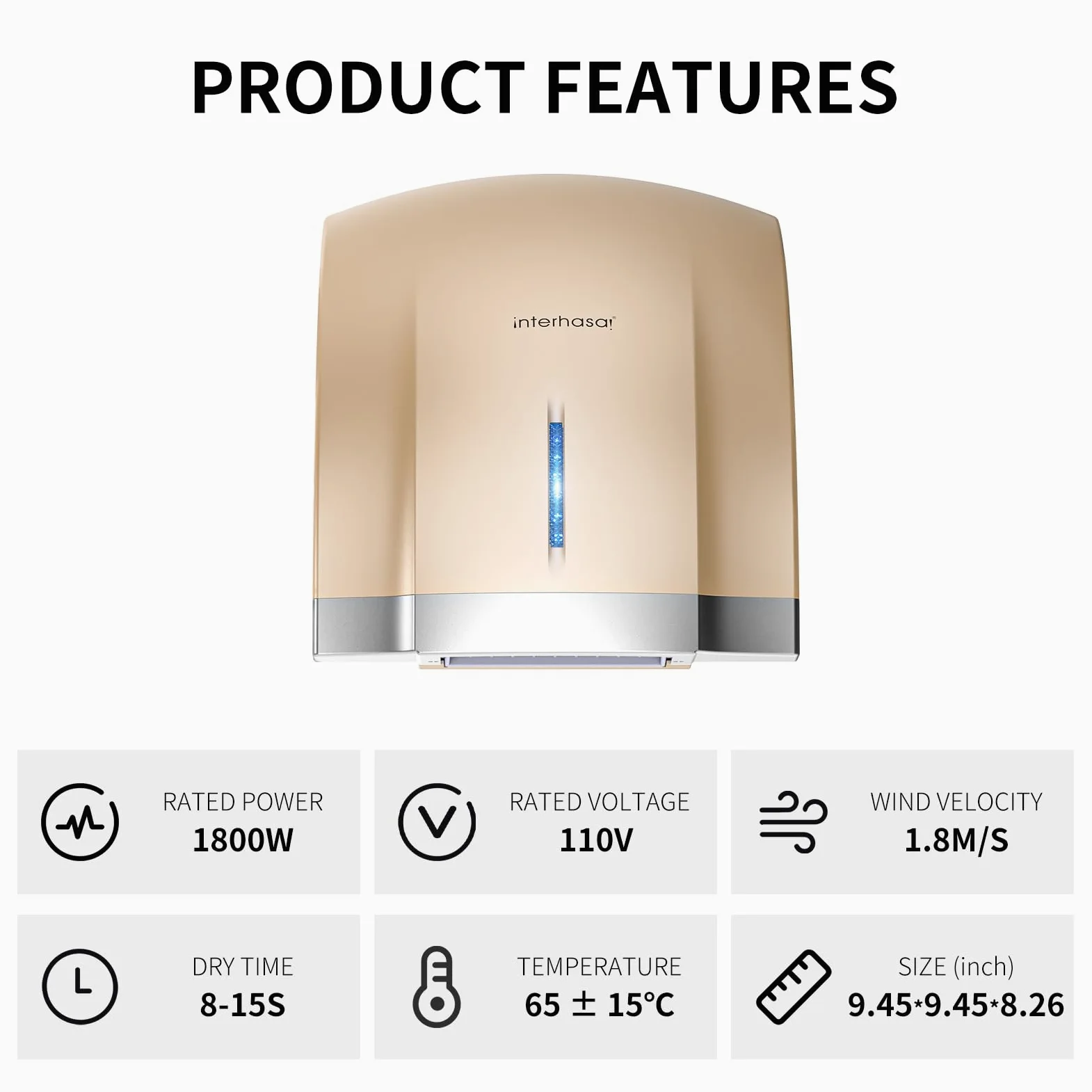 interhasa! Sèche-mains automatique avec chauffage électrique pour la maison 1800 W Sèche-mains électrique à grande vitesse à économie d'énergie Sèche-mains mural sans contact (doré)