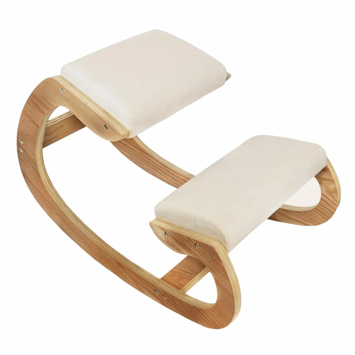 Chaise Ergonomique à genoux en Chêne - Coussins Blancs en lin épais 8cm - Bureau & Maison - Siège à bascule orthopédique – Meilleure posture & soulagement - Jusqu’à 100kg - 2x Repose-Poignets OFFERTS