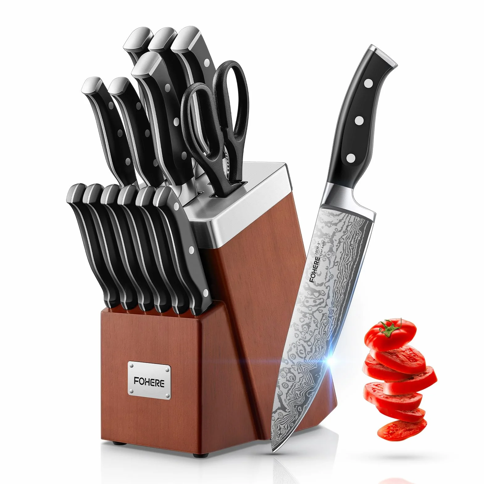 Couteau Cuisine, FOHERE 14 Pièces Bloc de Couteaux avec Affûteur Intégré, Set Couteau Cuisine en Acier Inoxydable, Bloc Brun Rougeâtre en Bois