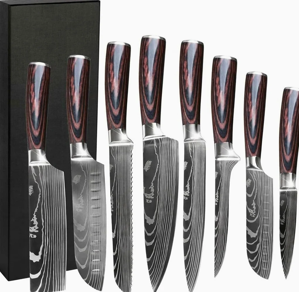 8 Pièces Couteau Cuisine Couteaux de Cuisine Ultra Sharp en Acier Inoxydable, Couteaux Japonais Professionnelle avec Poignée Ergonomique