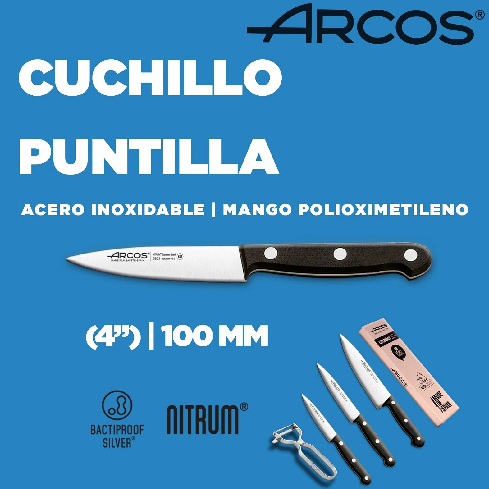 Arcos Jeu de Couteaux de Cuisine Professionnels | Comprend éplucheur de Pommes de Terre | Couteaux de Cuisine Professionnelle et éplucheur Pommes de Terre | 4 pièces Set Couteaux | Manche Noir