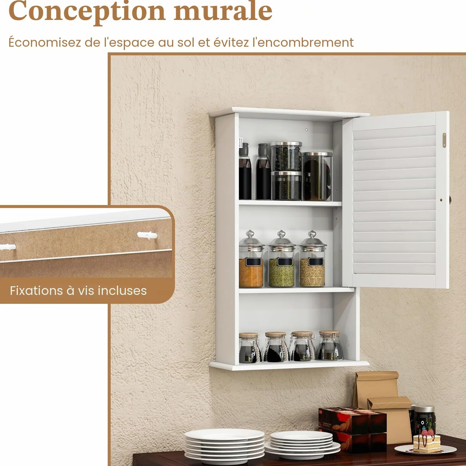 GIANTEX Armoire de Salle de Bain Murale avec Une Porte, 2 étagères réglables et Compartiment Ouvert, Armoire en Bois à 3 Niveaux, Meuble Polyvalent pour la Salle de Bain, Cuisine, entrée (Blanc)
