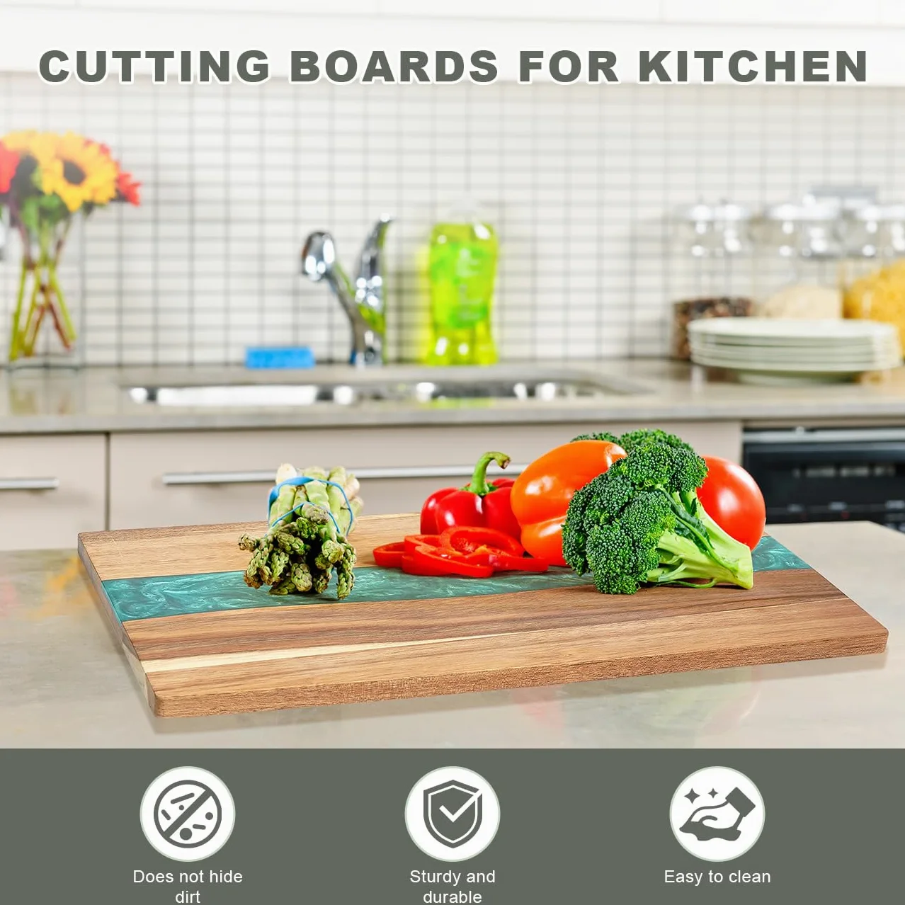 Planche à découper en bois d'acacia avec motif vague en résine – Planche à découper de cuisine pour viande, légumes, fruits et fromage – Plateau de service en bois époxy – 45,7 x 22,9 cm