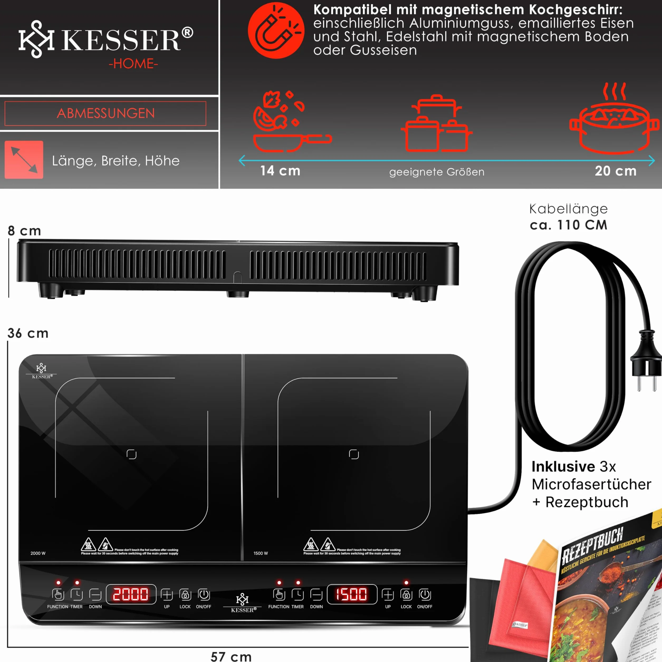 KESSER Plaque de cuisson à induction, 2 plaques, 3500 W, plaque de cuisson portable de 57 cm, 3 chiffons en microfibre + 1 livre de cuisine, 8 niveaux de chauffage, minuterie de 4 heures, contrôle