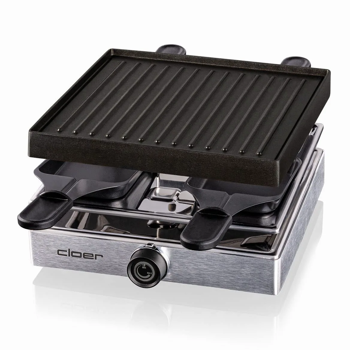 Cloer 6454 Raclette gril avec plaque en aluminium moulé sous pression, 4 poêlons à raclette antiadhésifs, spatule en plastique, emplacement de stationnement non chauffé, 750 W, aluminium