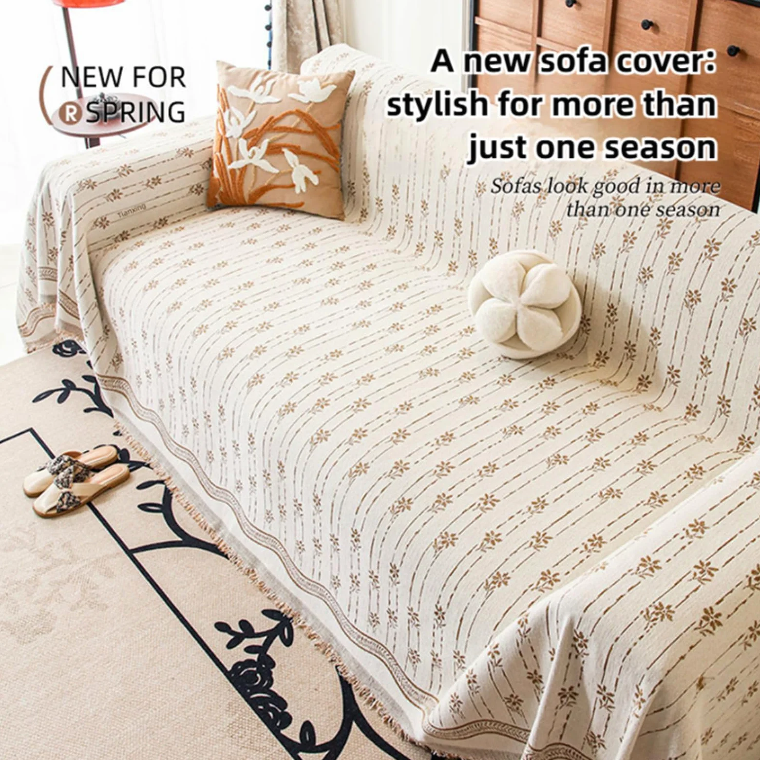 Housse de canapé antidérapante - Motif géométrique jacquard rayé avec pompons - Lavable - 180 x 460 cm - Housse de protection durable pour meubles de maison