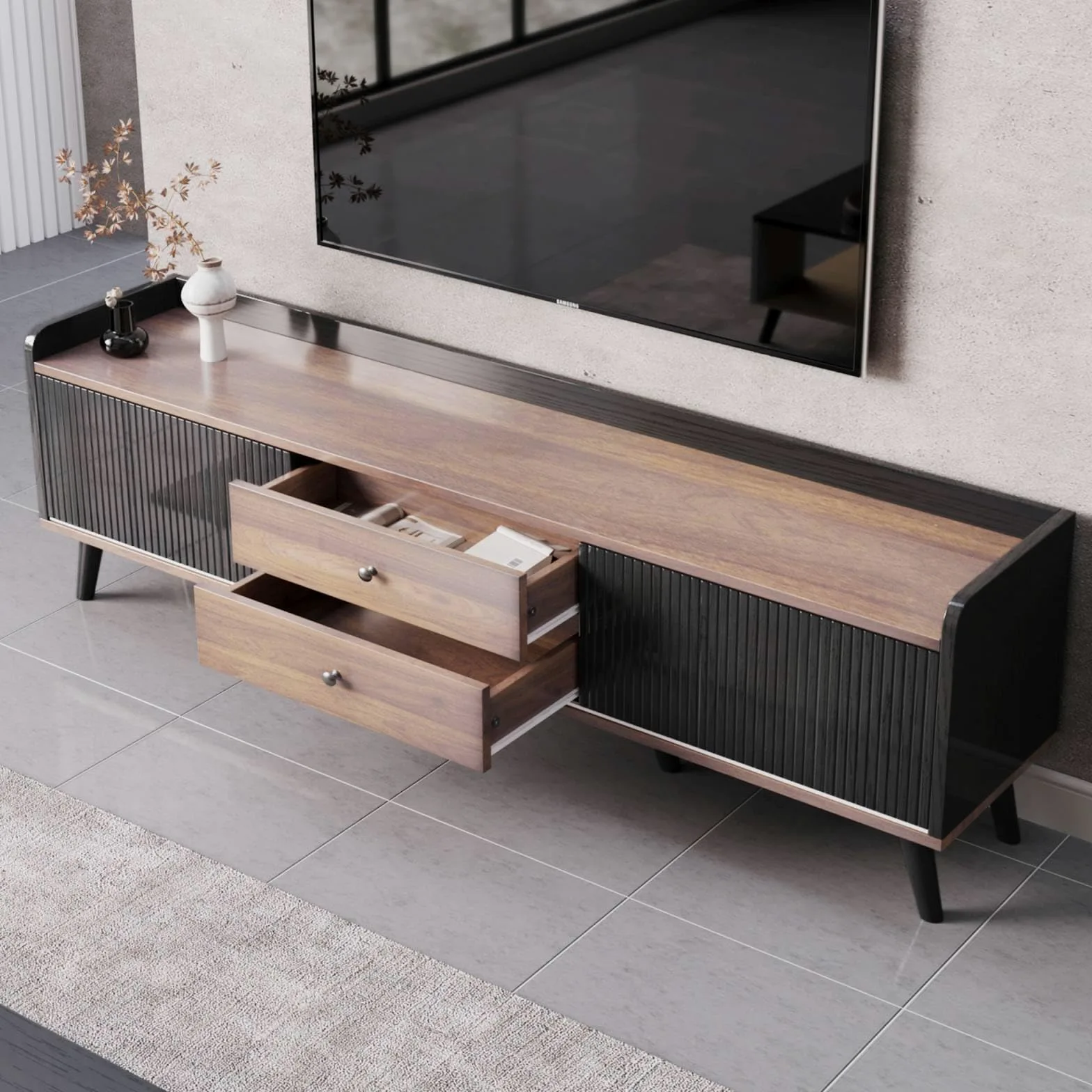 KOMHTOM Armoire TV en bloc de couleur noir/blanc et bois, buffet avec 2 tiroirs et 2 compartiments de rangement spacieux, armoire polyvalente pour salon, chambre à coucher et salle à manger (noir)