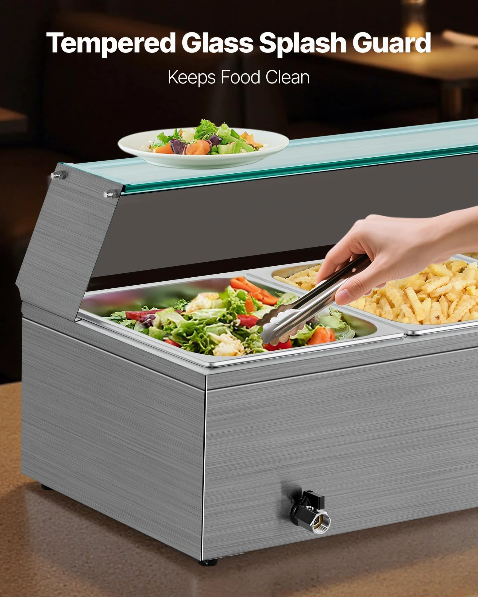 VEVOR Chauffe-Plat Électrique à Vapeur 1500 W, Buffet Chauffant en INOX, Bain-Marie avec 3 Bacs, Couvercle en Verre et Louches à Soupe et Perforées, pour Servir Buffet en Libre-Service Restauration
