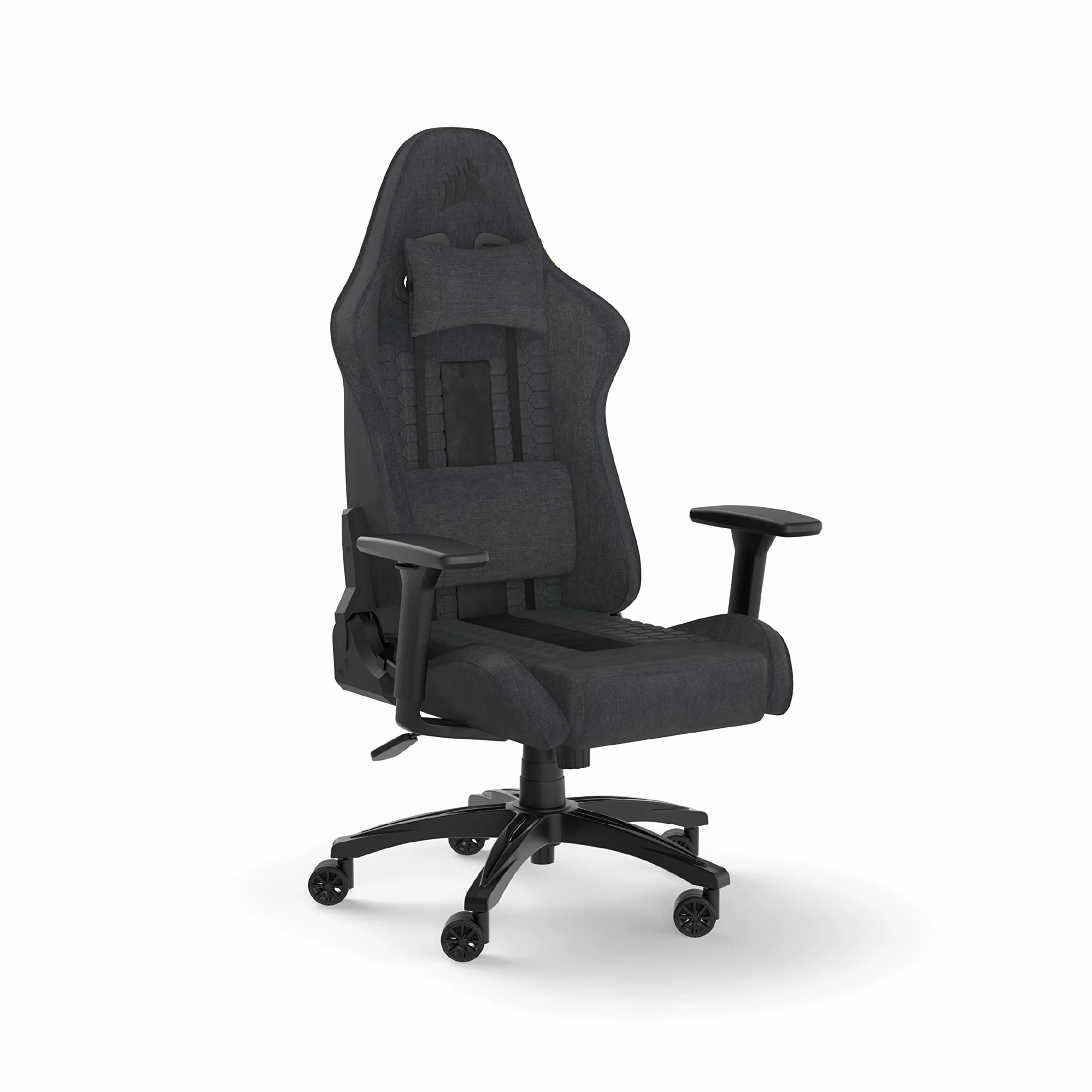 Corsair TC100 Relaxed Fauteuil Gaming – Gris et Noir | Tissu, Design Inspiré des Sports Automobiles, Coussin Lombaire, Coussin Repose-nuque Détachable en Mousse à Mémoire de Forme