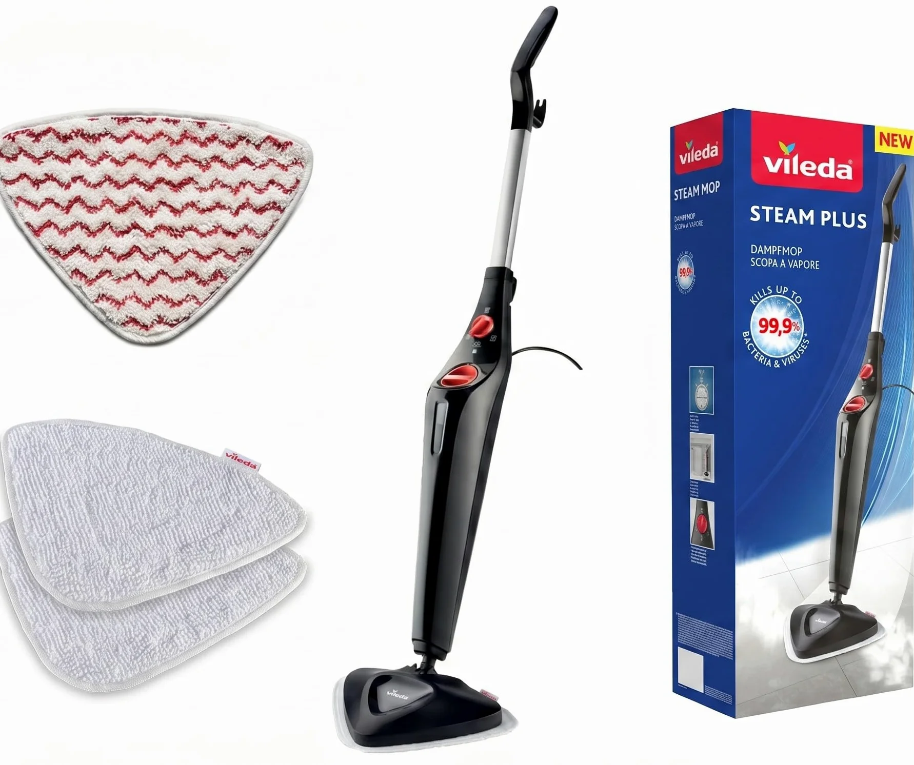 Vileda Steam Plus Edition Triangulaire avec Power Pad, balai vapeur, performance de nettoyage hygiénique sans utilisation de produits chimiques, pour tous les sols durs et les moquettes