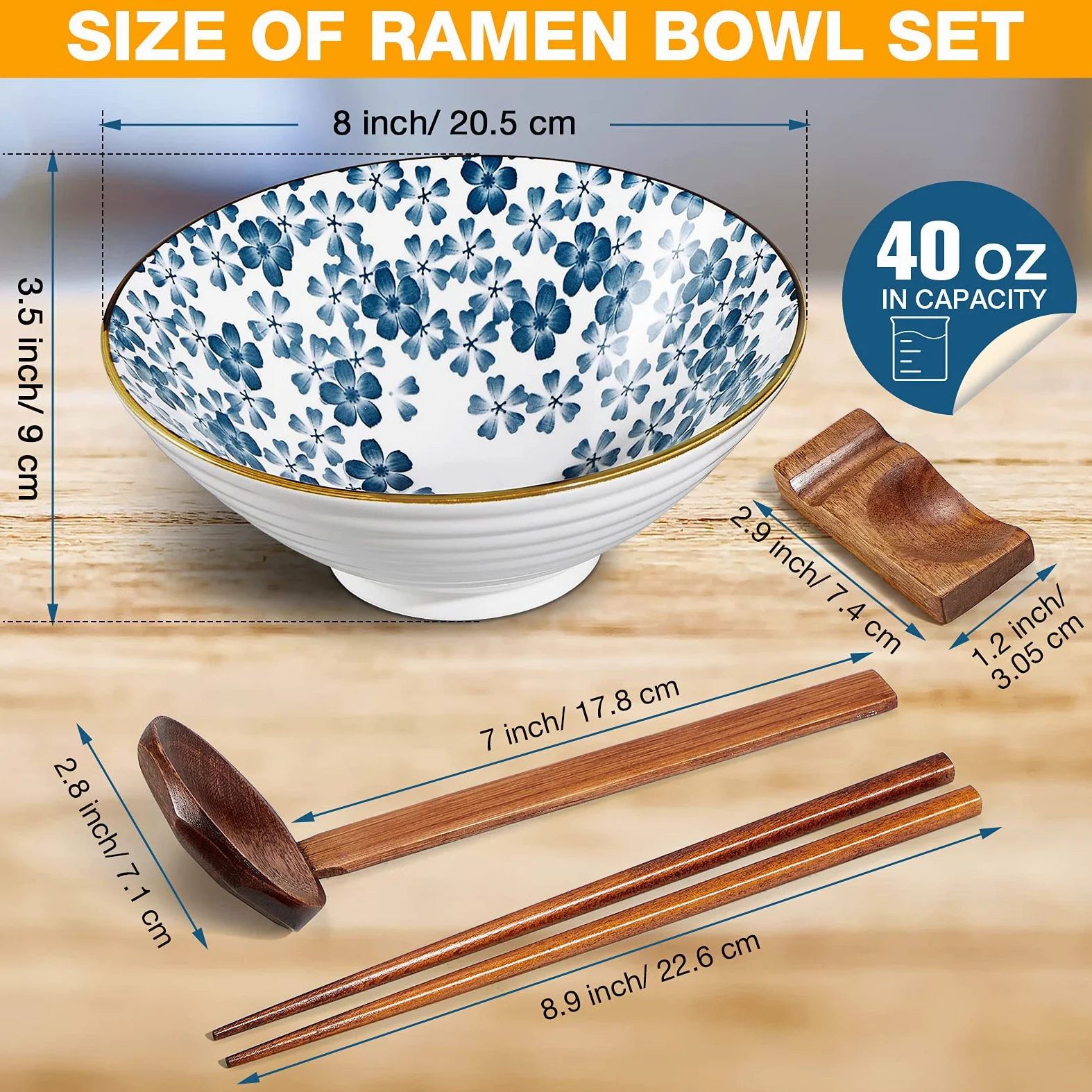 Geiserailie Lot de 4 grands bols japonais en céramique avec cuillères, baguettes et baguettes pour Udon, Soba, Pho, nouilles, ramen, salade et soupe (style classique)
