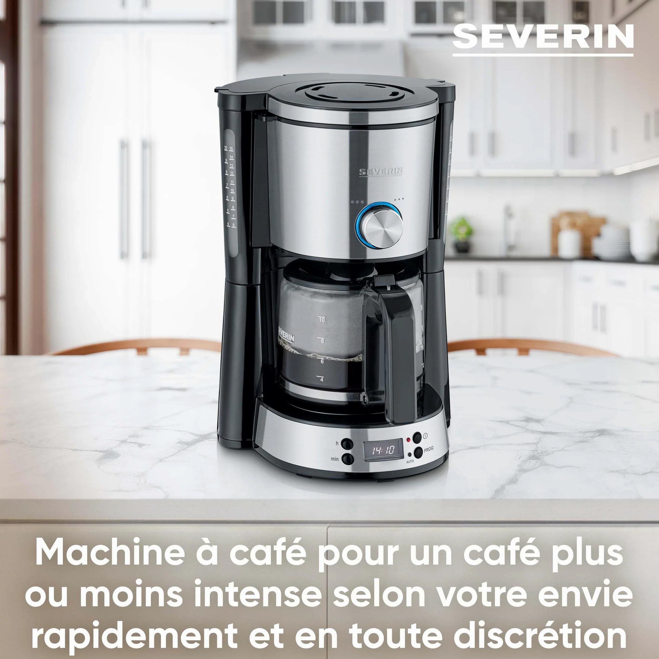 Severin Cafetière Programmable "TYPE Switch", 1000 W, jusqu‘à 10 tasses, AromaSwitch, Sélecteur d'arômes, Noir/Inox, KA 4826