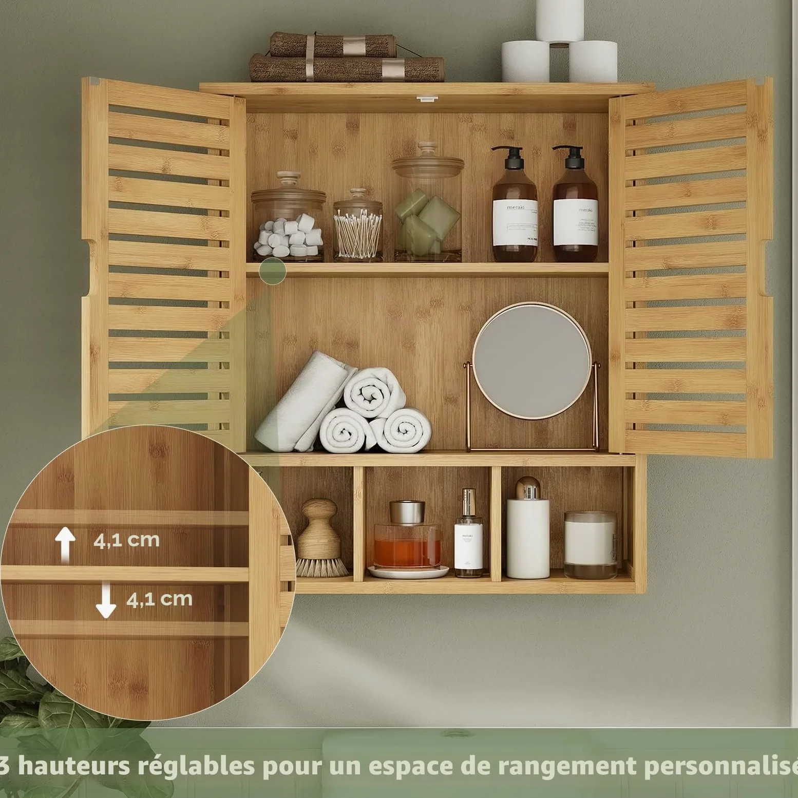 VIAGDO Armoire Murale de Salle de Bain, Meuble de Rangement avec 3 Compartiments Ouverts et Étagère Réglable, Armoire à Pharmacie Suspendue en Bambou avec 2 Portes, 59 x 21 x 67 cm