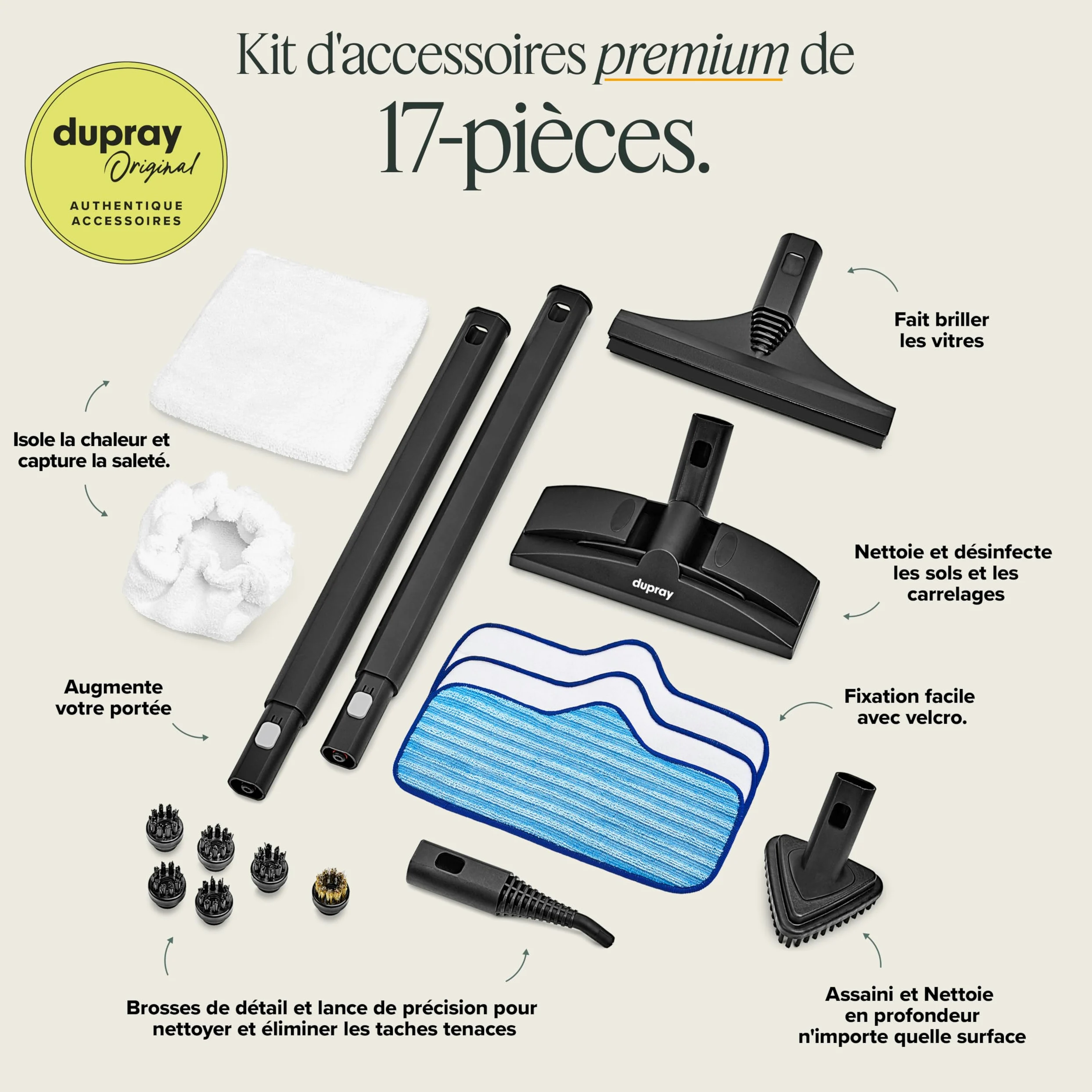 Dupray Neat Plus – Nettoyeur Vapeur Polyvalent Haute Performance avec 17 Accessoires Inclus pour Sols, Carrelage, Joints, Tapis, Canapés, Maison et Plus (Neat Plus + 17 pieces)