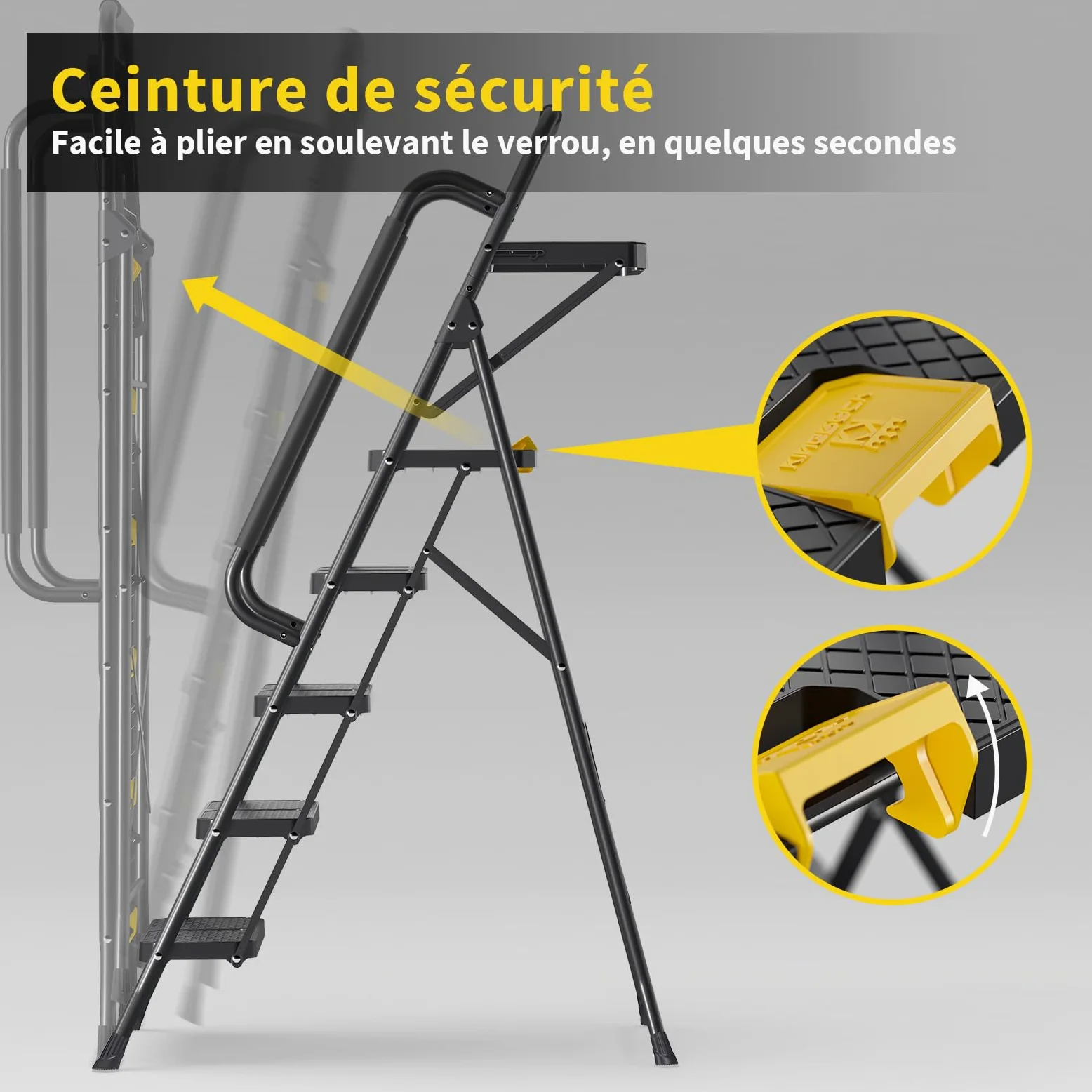 KINGRACK Escabeau 5 Marches avec Plateau à Outils et Large Pédale Antidérapante, Marche Pied Pliable avec Mains Courantes, Échelle Domestique pour Maison Cuisine Garde-Manger Placards et Bureau, Noir