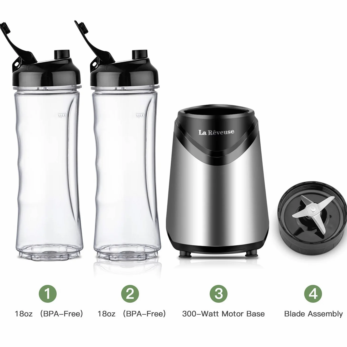 La Rêveuse Mixeur Blender avec 2 Bouteilles BPA-Free Portables de 550ml Mini Blender électrique Multifonctionnel pour Smoothie Milk-shake Fruits,Puissant 300W (Silver)