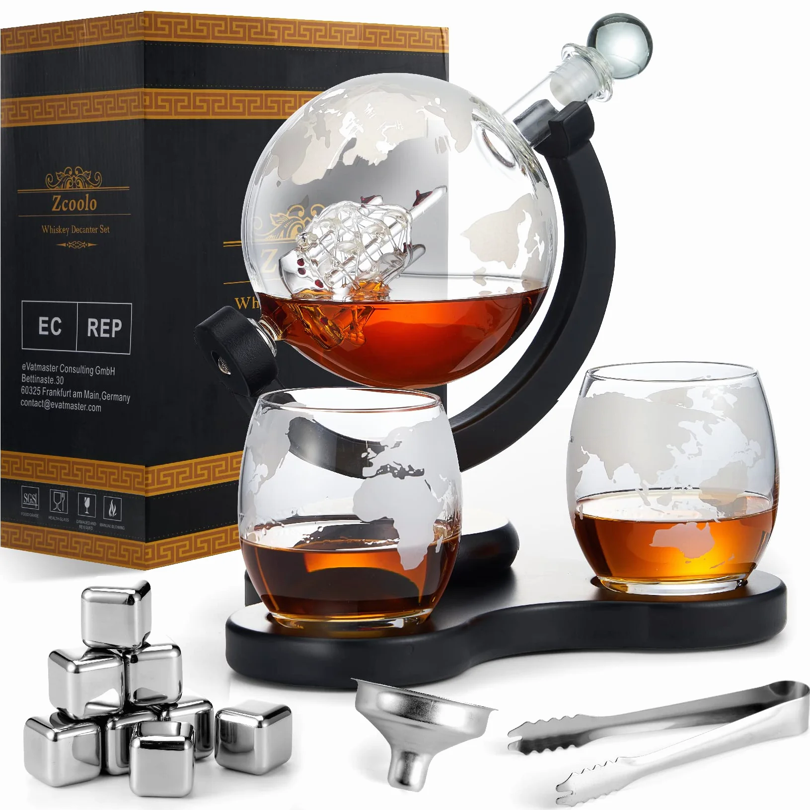 Carafe à Whisky Globe Set 850ml,avec 2 Verres Globe Gravés, Entonnoir en Acier Inoxydable et 8 Pierres à Whisky en Acier Inoxydable,Cadeau Anniversaire Fête des Pères pour Homme (A-850ML)